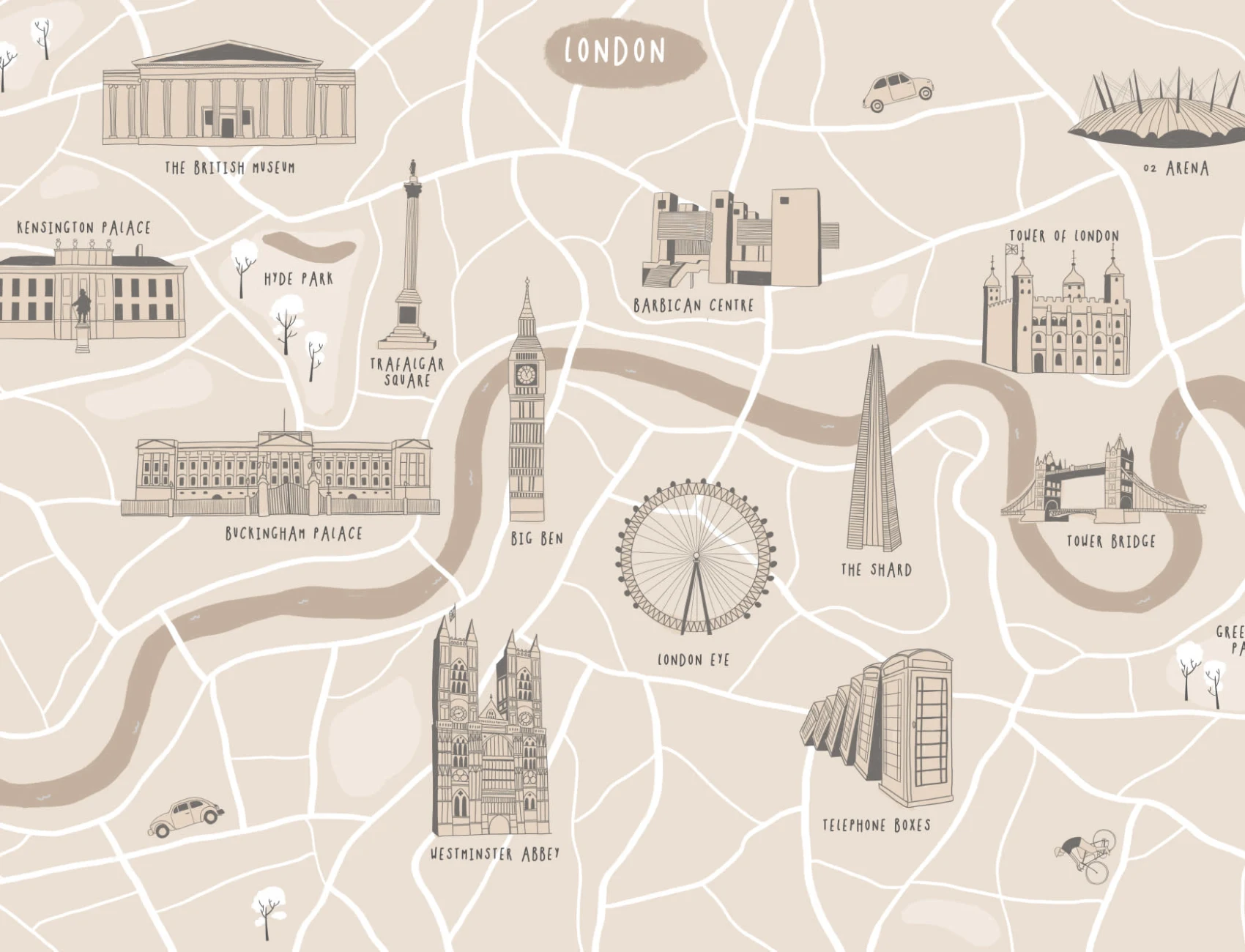London City Street Map Illustrated Landmarks Wallpaper Mural
