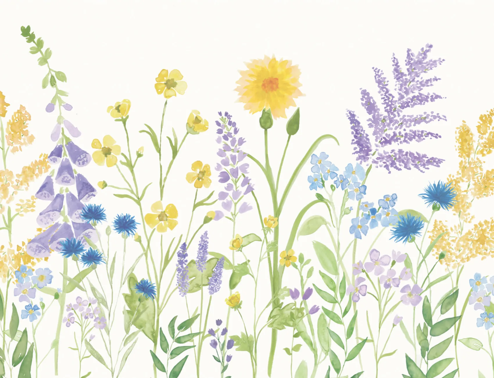 Bright Lilac & Green Watercolor Wildflower Wallpaper Mural