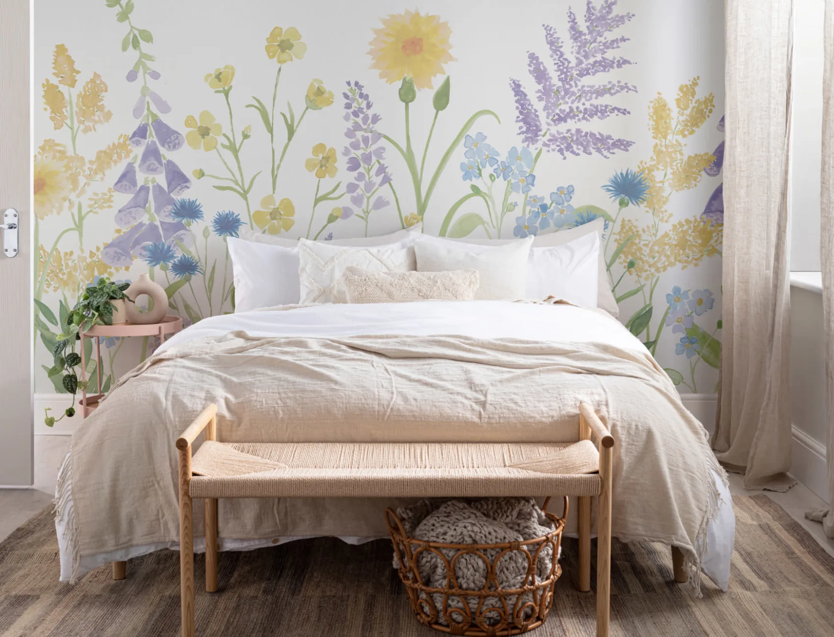 Bright Lilac & Green Watercolor Wildflower Wallpaper Mural