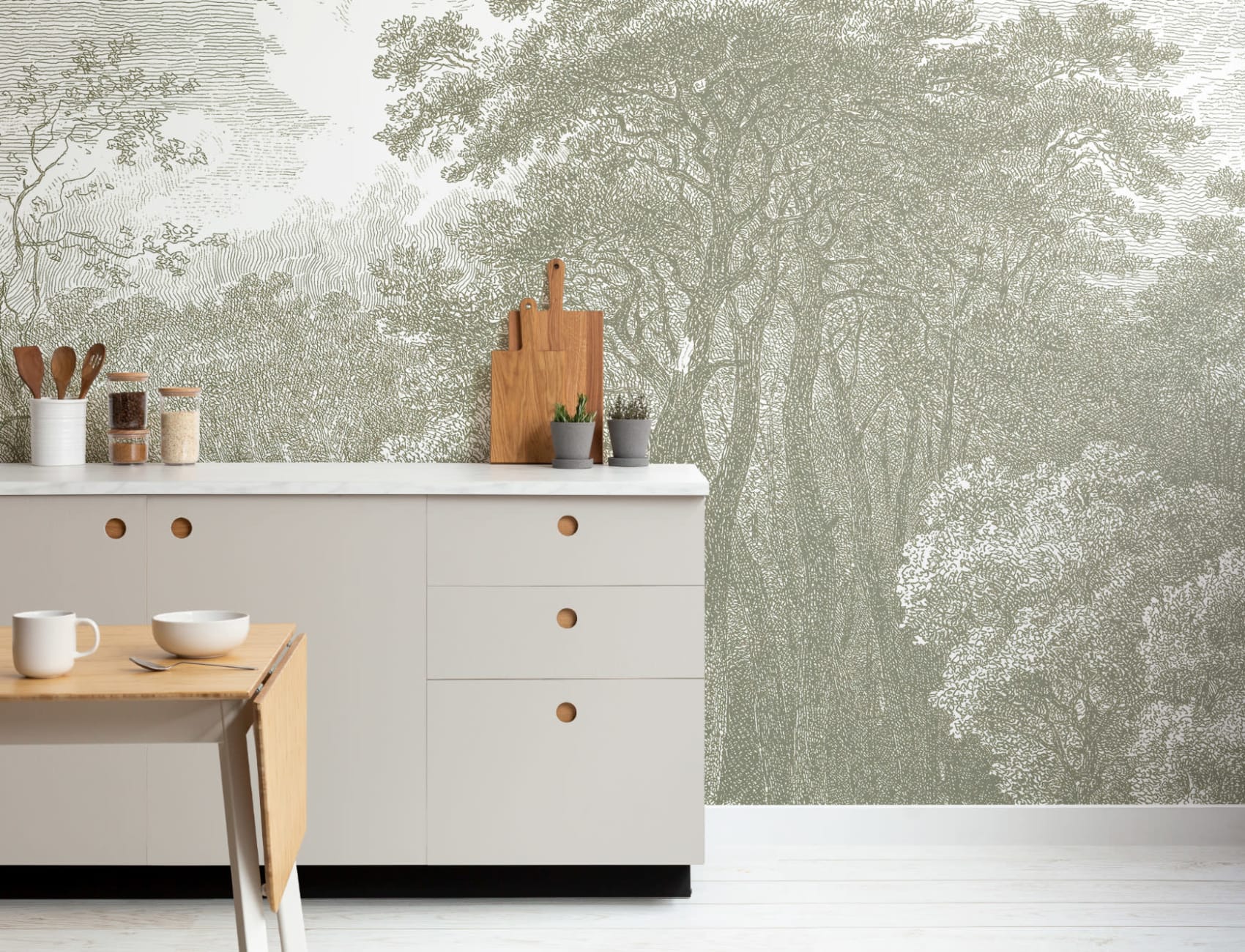 Verde copac pădure gravură Wallpaper Mural