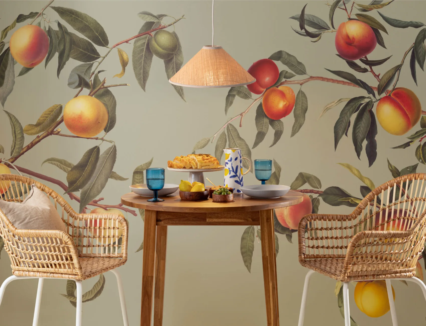 Vintage Green Botanical Peach Tree Wallpaper Mural