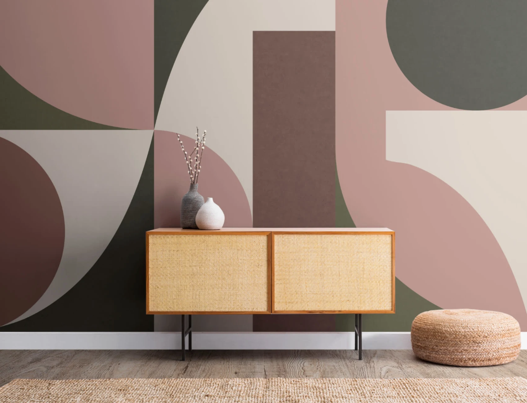 Dusty Pink Mid-Century Geometrinen kollaasi seinämaalauksen seinämaalaus