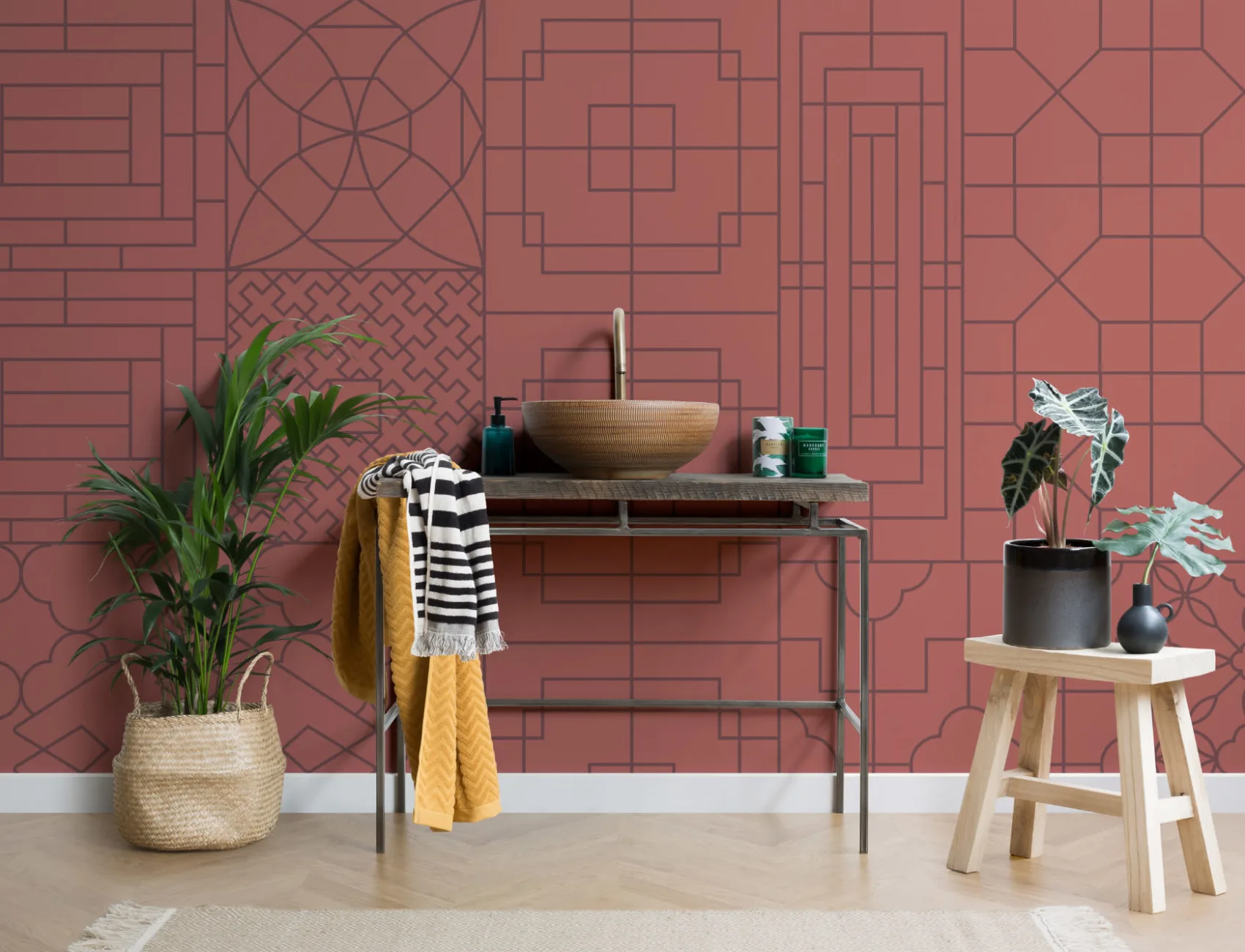 Chinese Style Red Geometric Wallpaper Mural