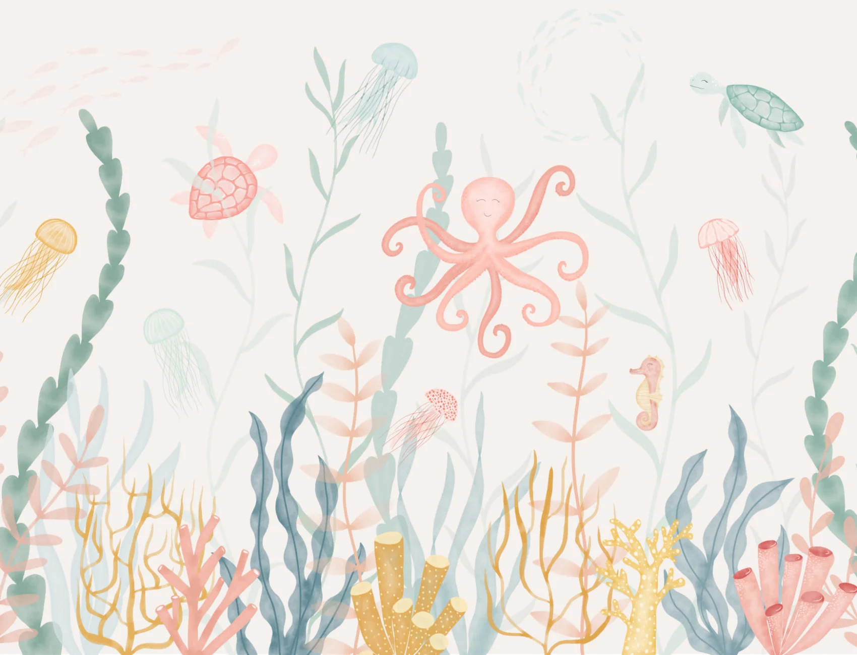 Painted Underwater Sea Life Scene Pastel Watercolor Wallpaper Mural