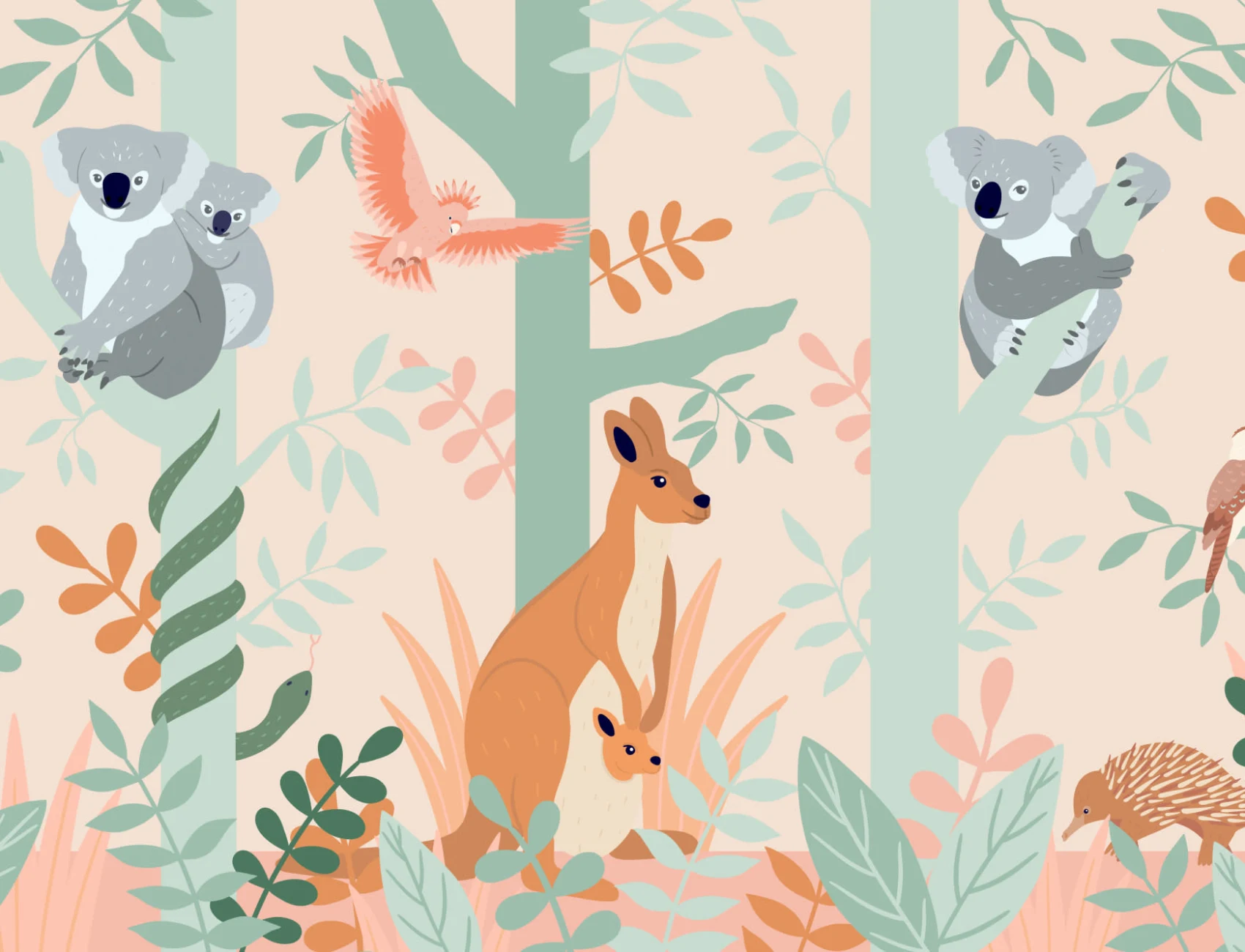 Koala and Kangaroo Australian Jungle Kids Wallpaper Mural