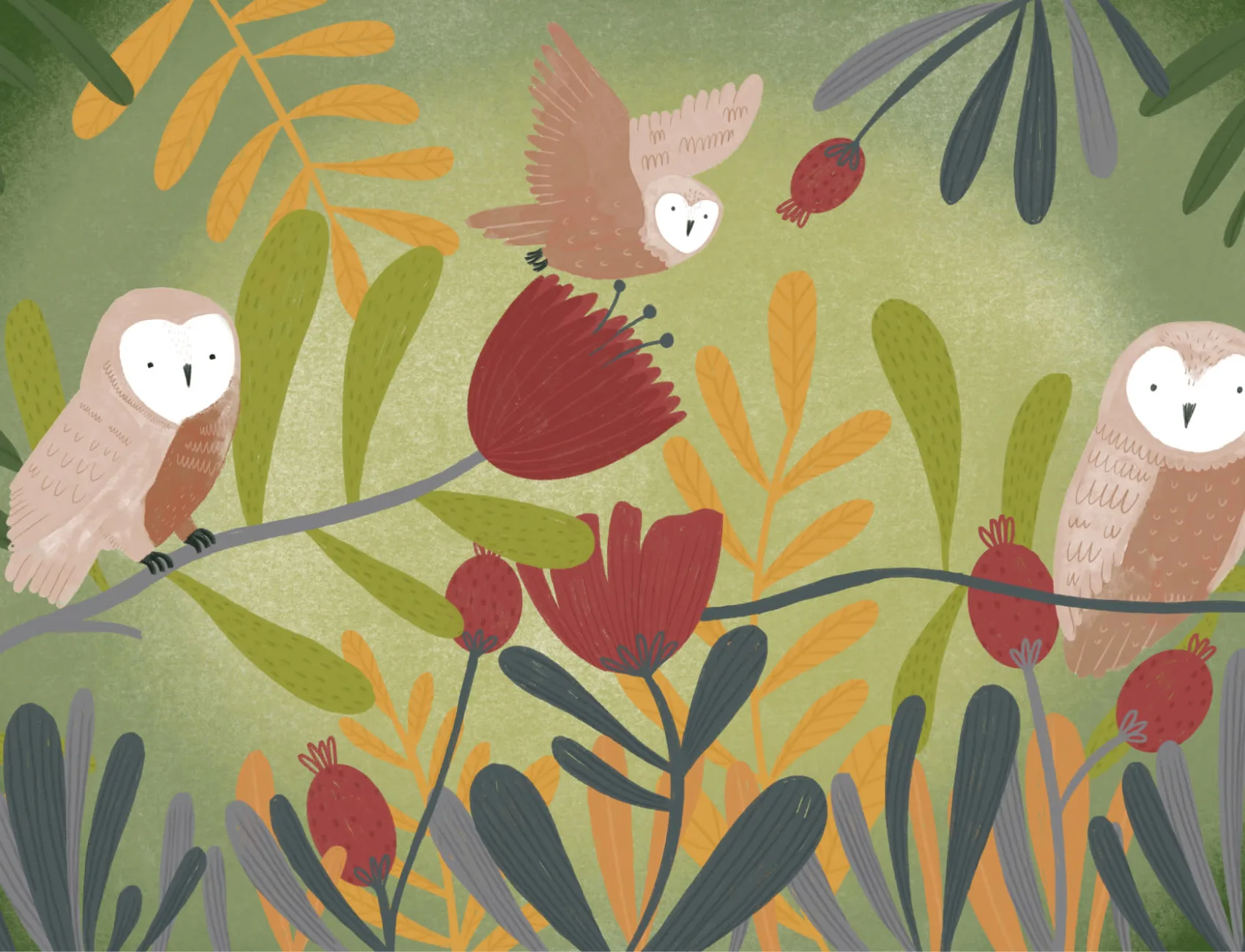 Colorful Pencil Sketch Owl & Flowers Wallpaper Mural