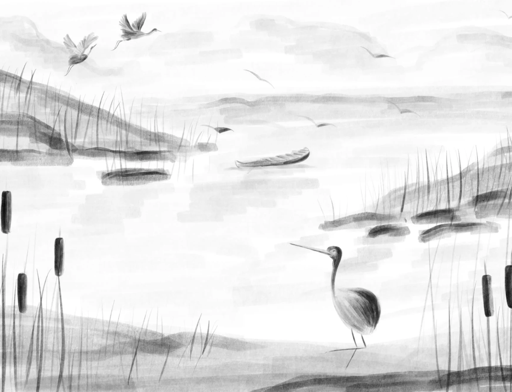 Traditional Chinese Black & White Ink Lake Wallpaper Mural