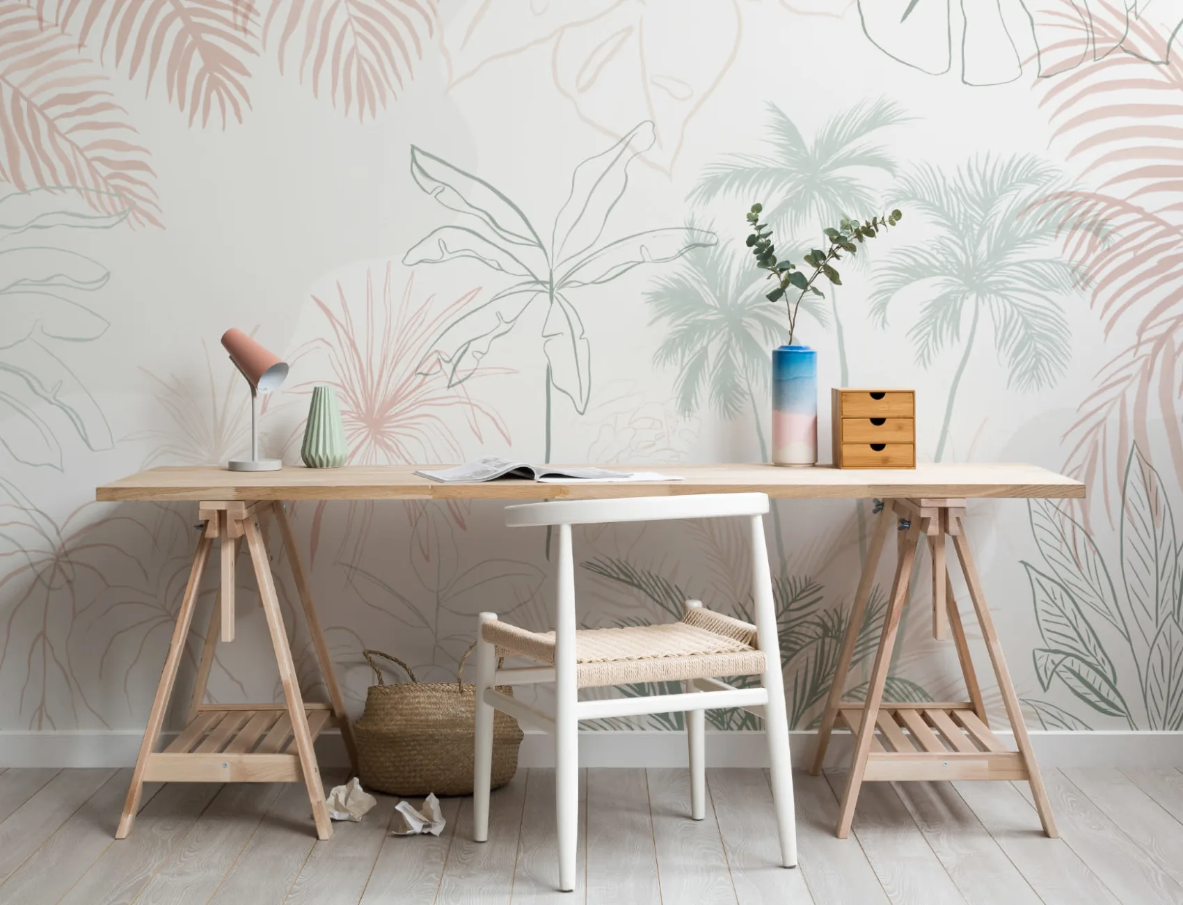 Minimalist Pink & Green Inky Tropical Wallpaper Mural