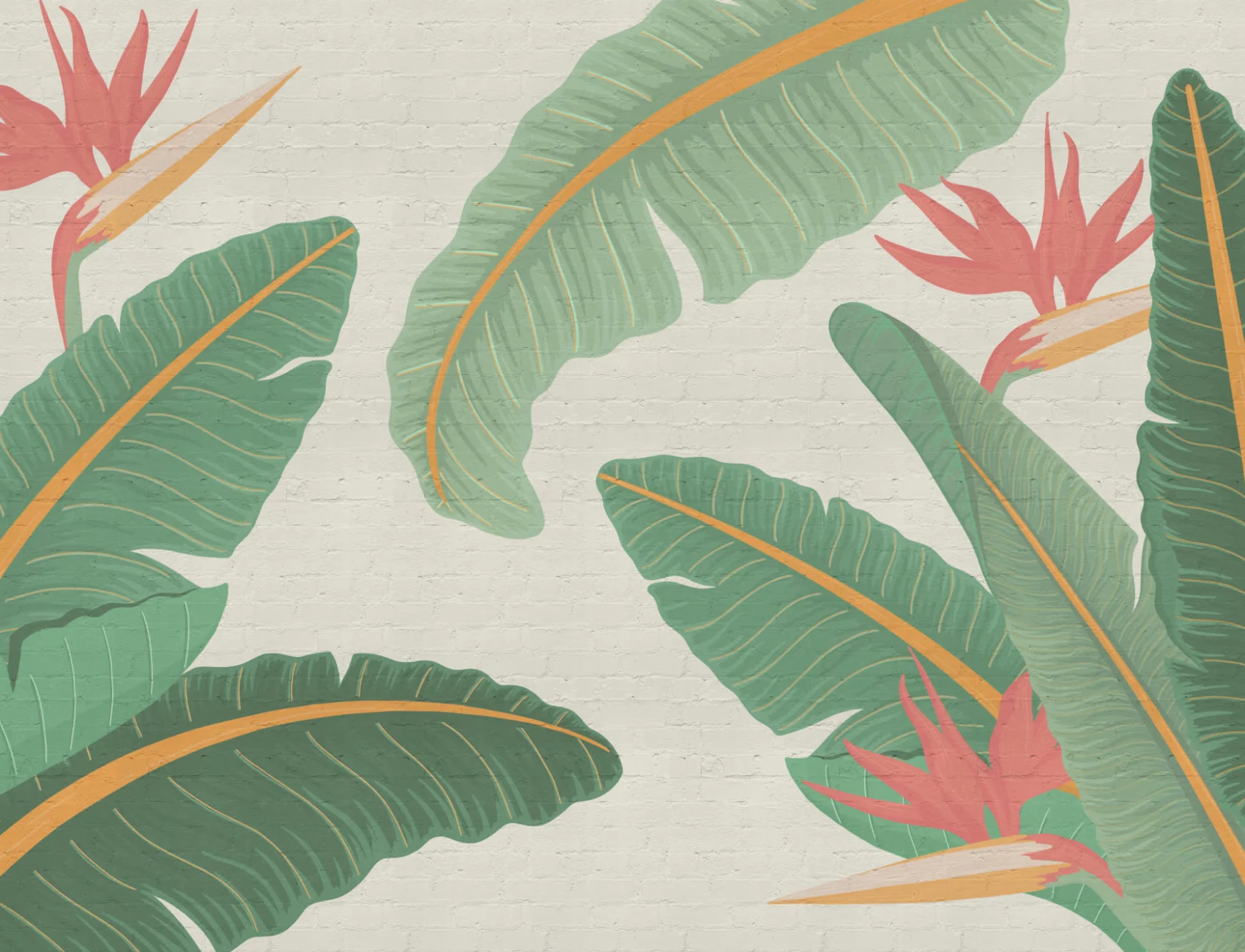Biophilic Banana Leaf and Brick Wallpaper Mural