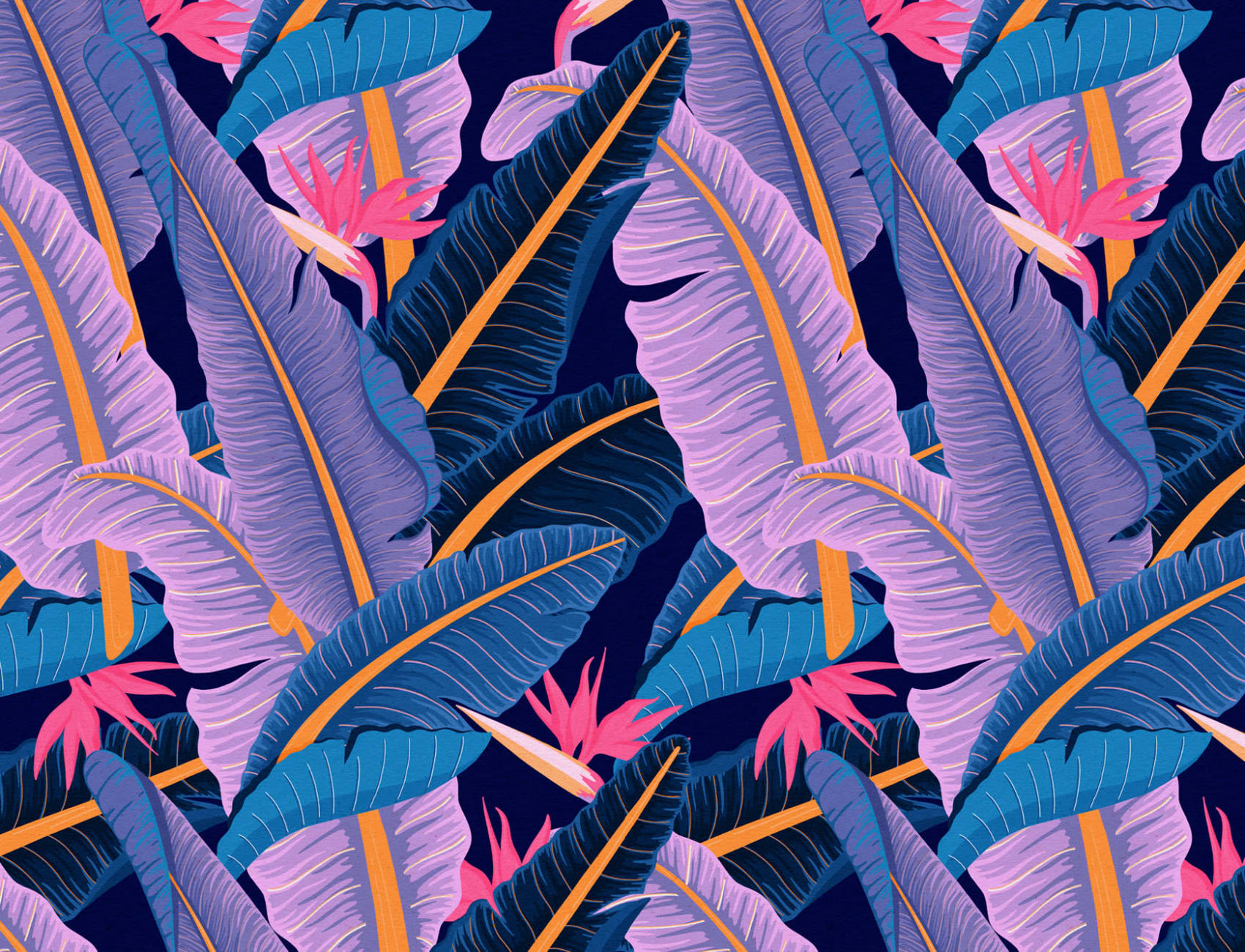 Carta da Parati con Motivi Tropicali Blu di Foglie di Banano