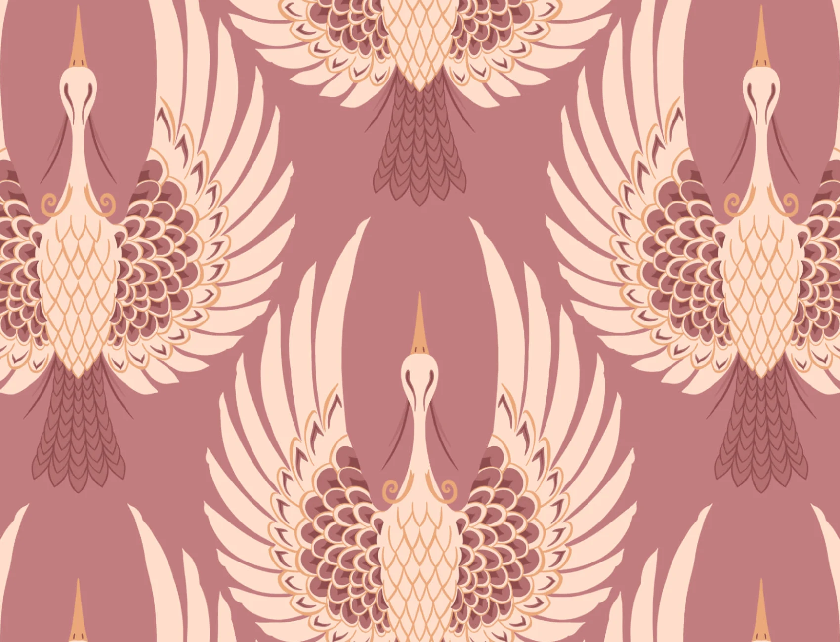 Pink Art Deco Crane Repeat Pattern Wallpaper