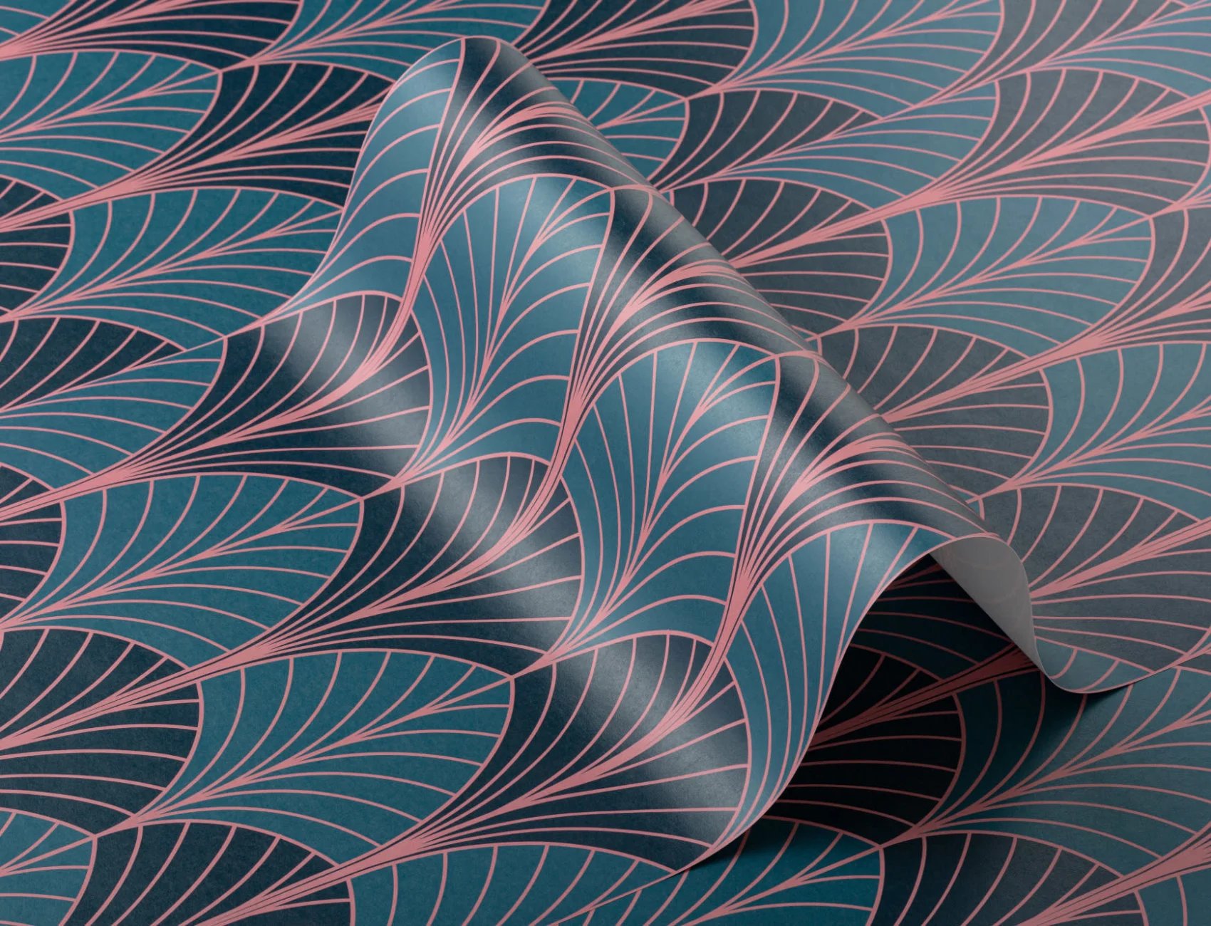Albastru Art Deco Palm Leaf Repeat model tapet