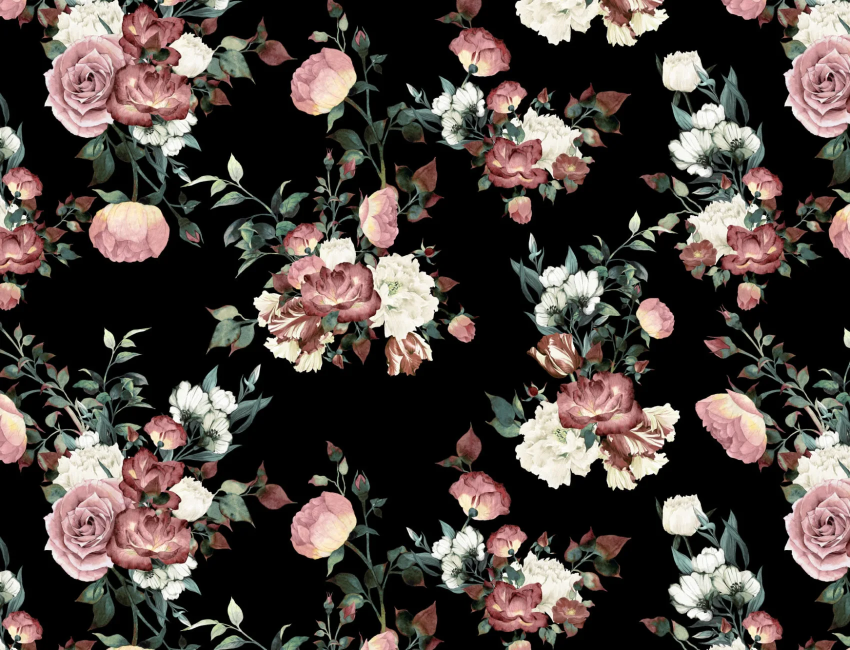 Vintage Pink, Cream & Black Floral Wallpaper Mural