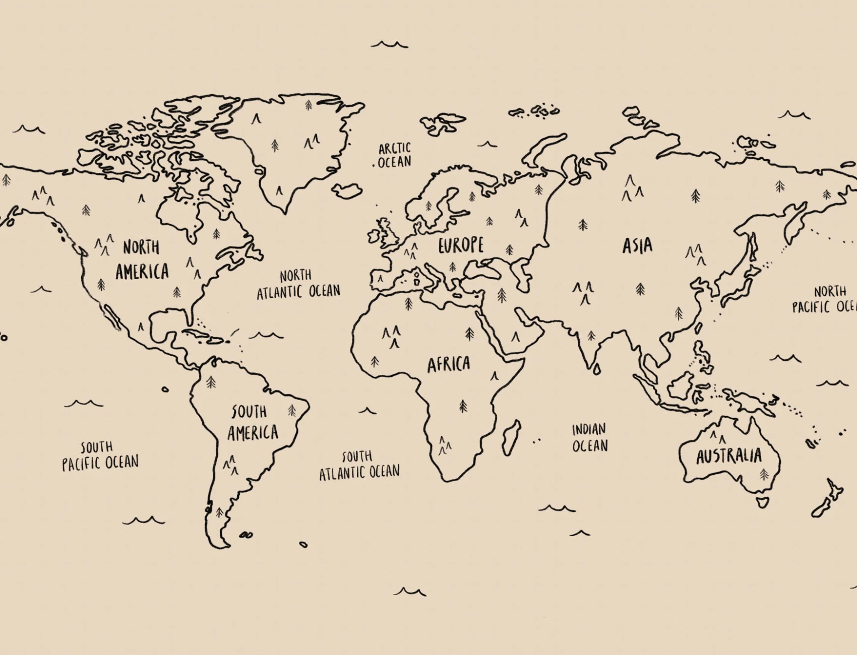Neutral Illustrated Scandi World Map Wallpaper Mural