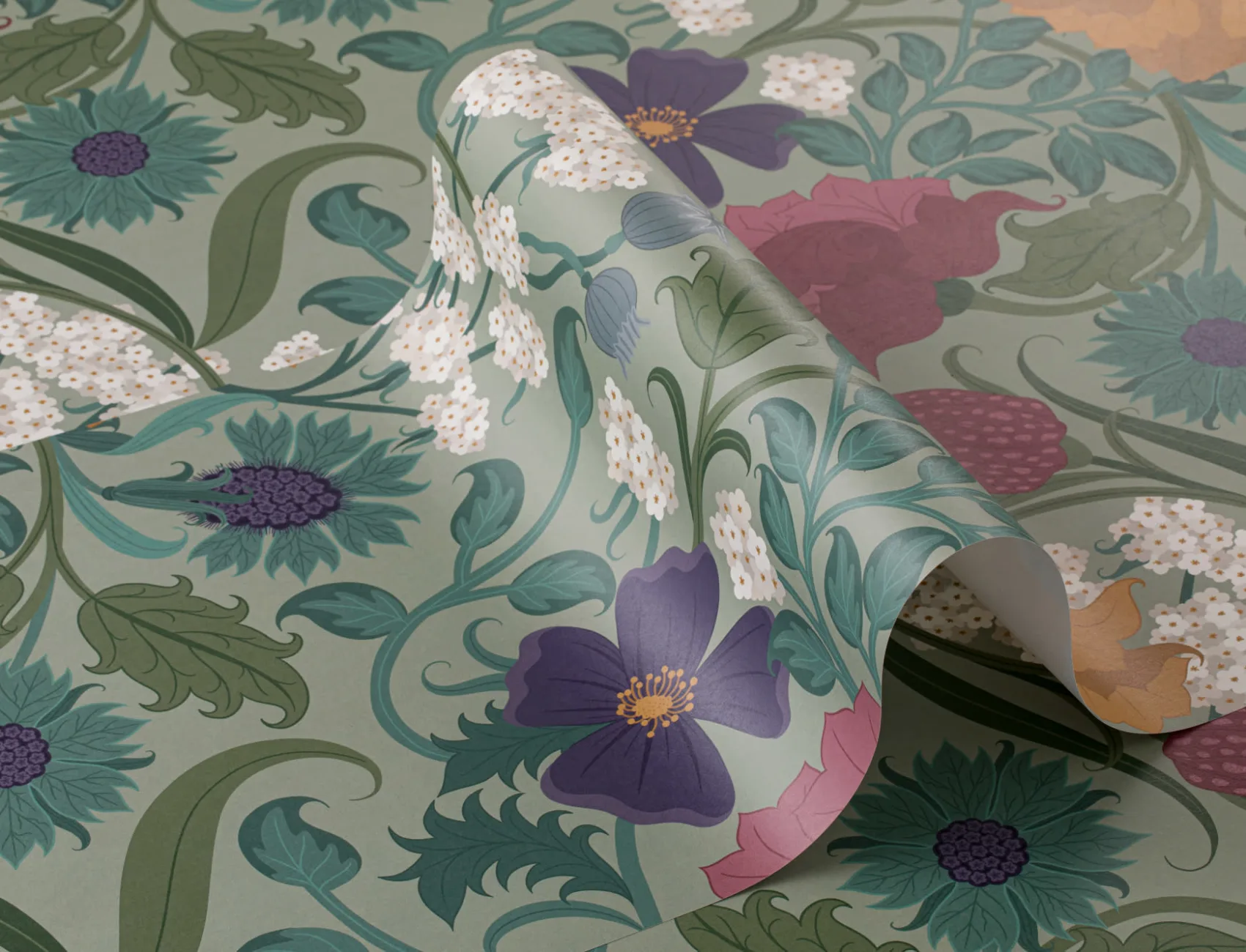 Vintage Colourful and Green Floral Repeat Pattern Wallpaper