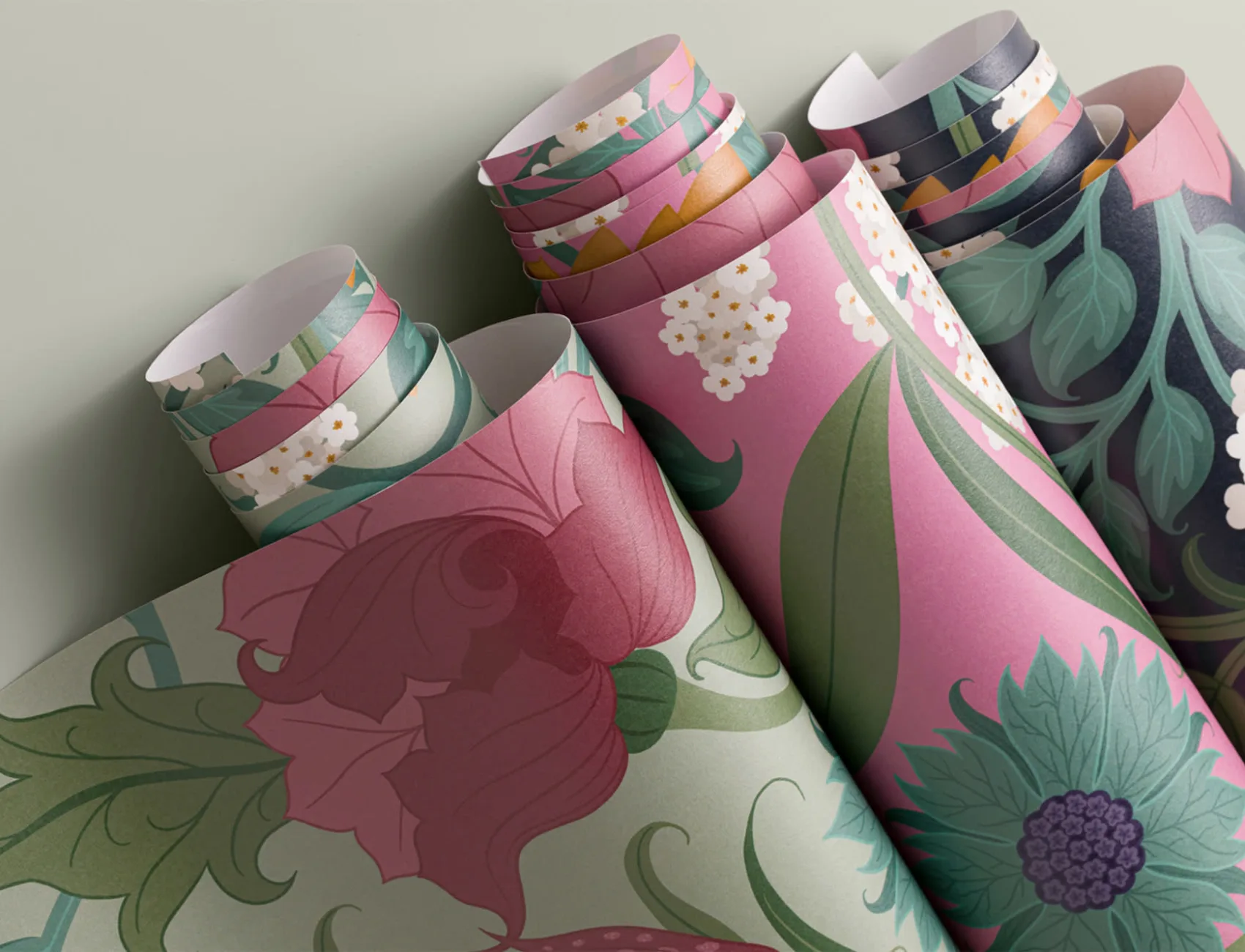 Vintage Colourful and Green Floral Repeat Pattern Wallpaper