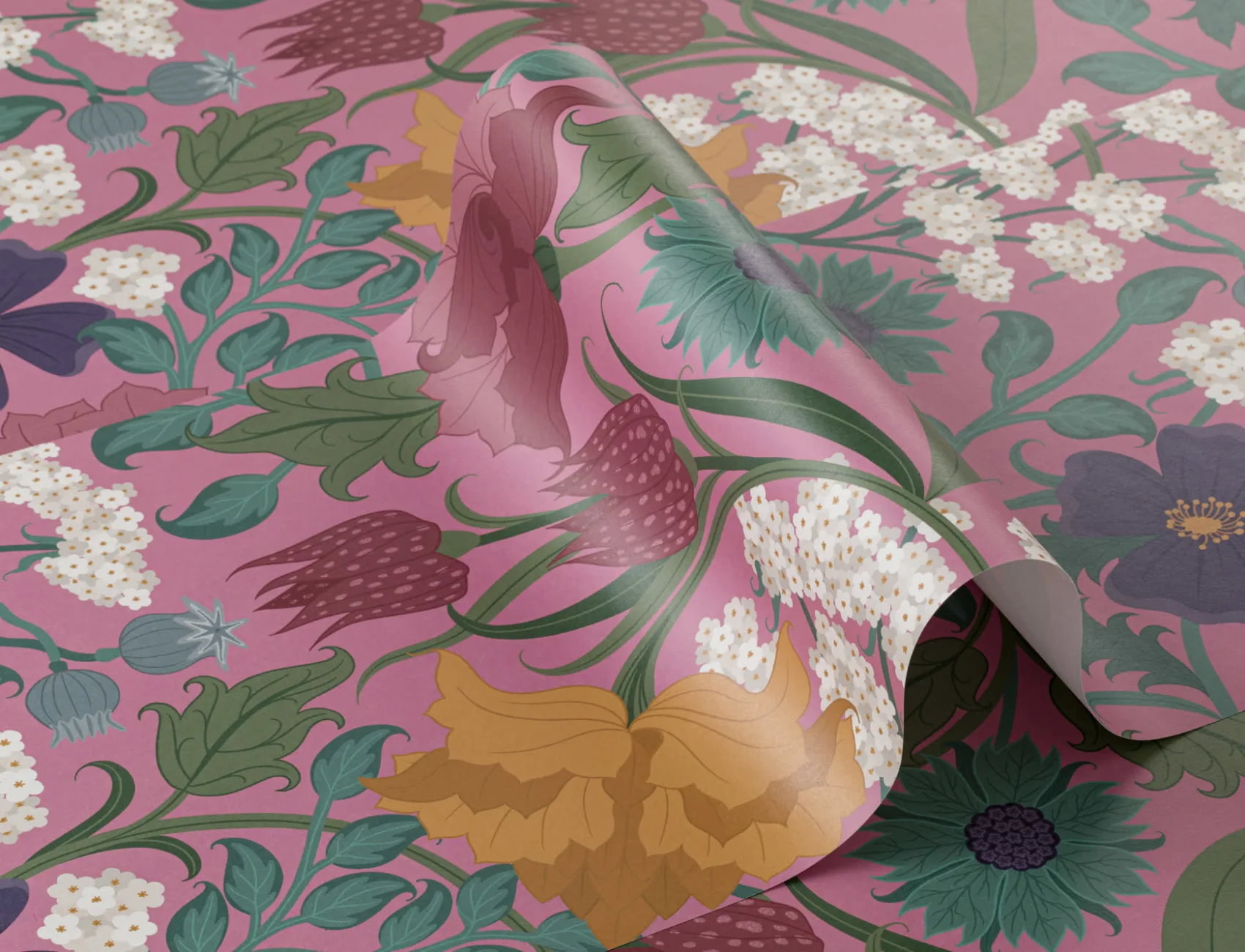 Vintage Colourful and Pink Floral Repeat Pattern Wallpaper