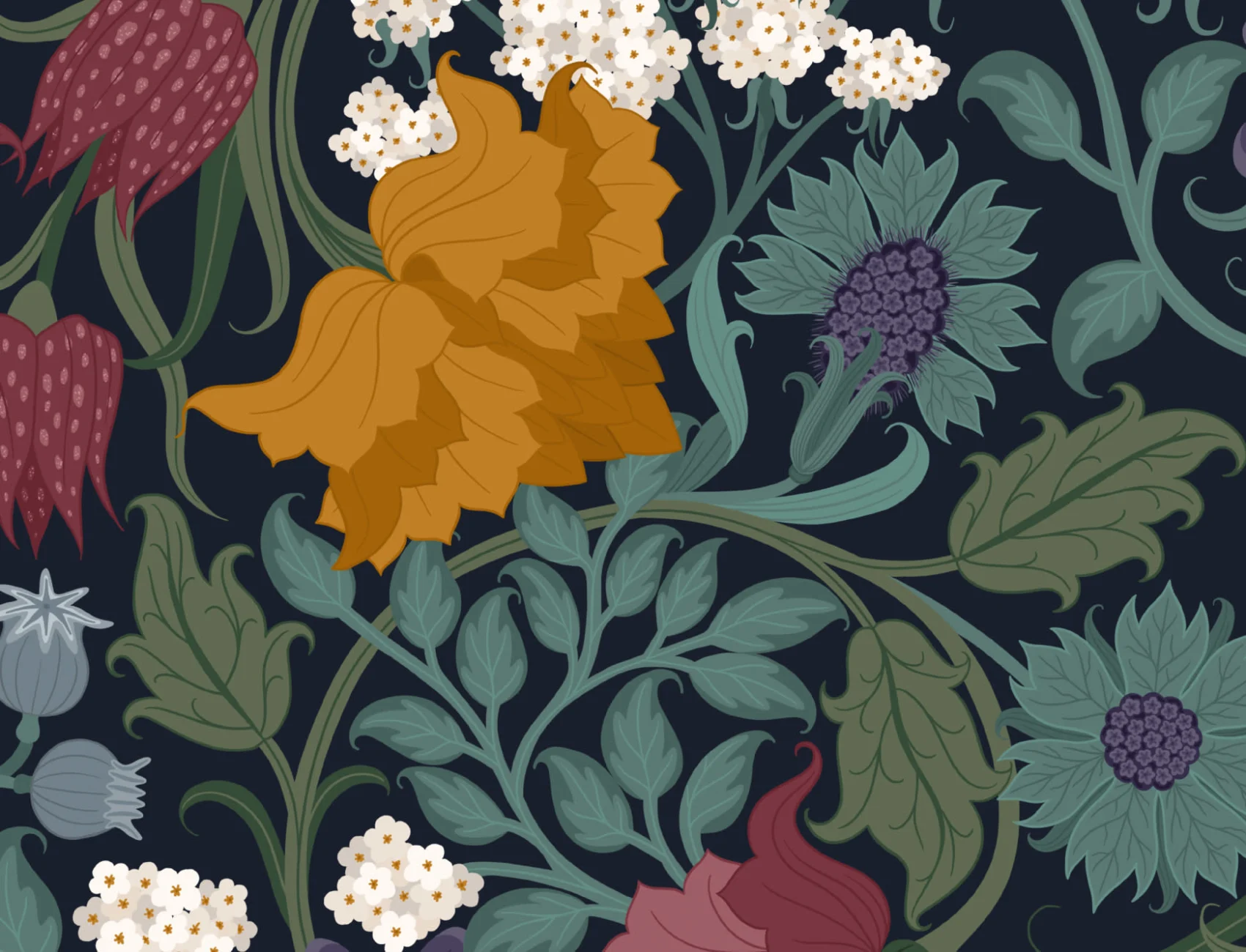 Vintage Colourful Dark Floral Repeat Pattern Wallpaper