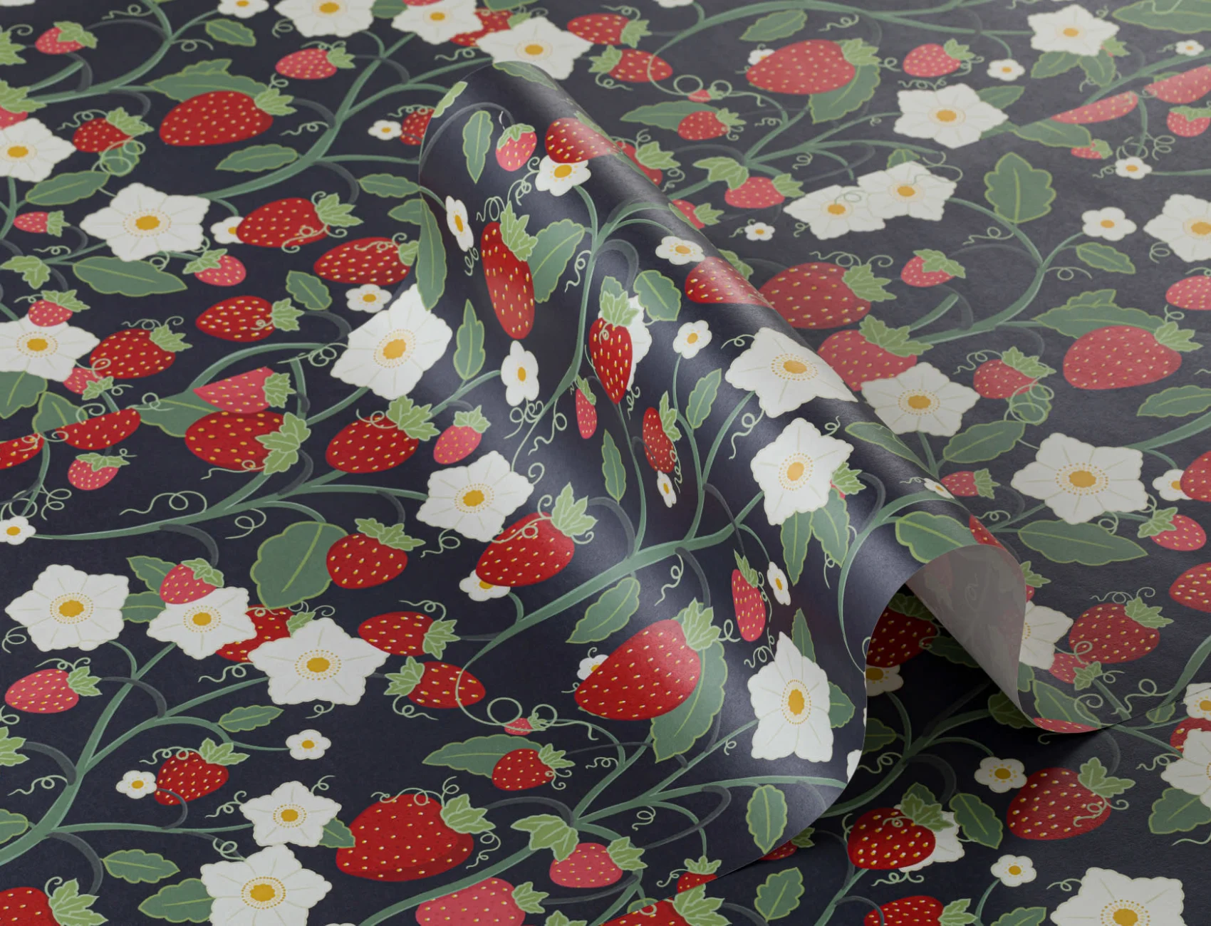Cute Navy Strawberry and Flowers Kids Repeat Pattern Wallpaper