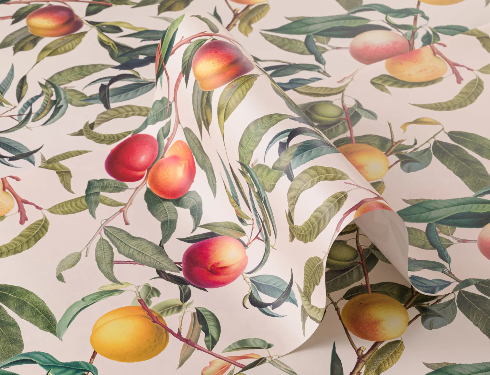 Cream and Green Vintage Botanical Peach Fruit Repeat Pattern Wallpaper