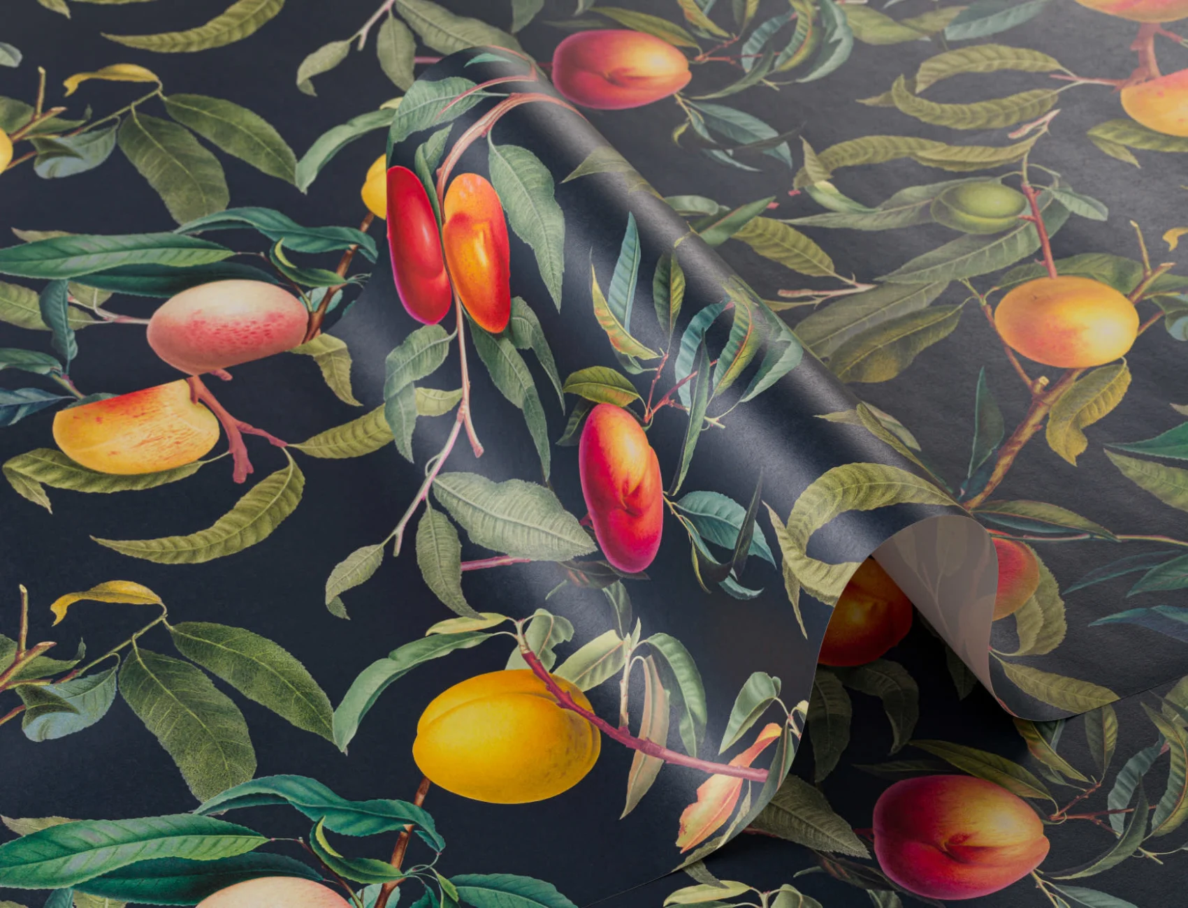 Dark Green and Navy Vintage Botanical Fruit Repeat Pattern Wallpaper