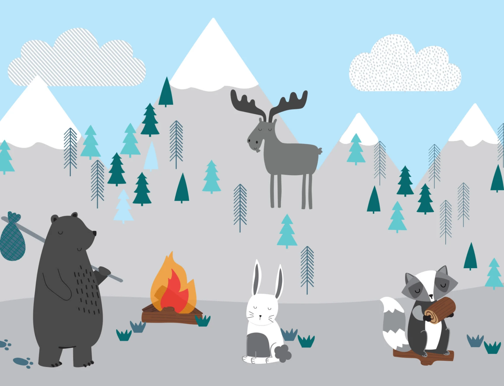 Mural Papel Pintado Infantil con Animales de Montaña