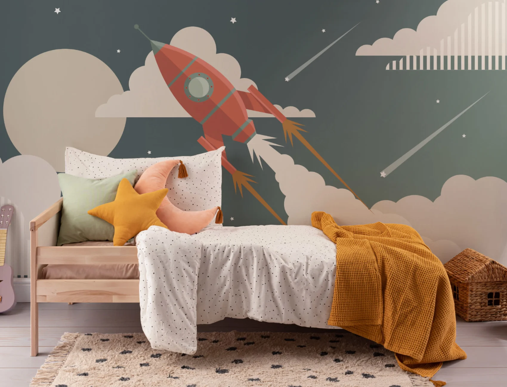 Pentru copii Retro Space Rocket Wallpaper Mural
