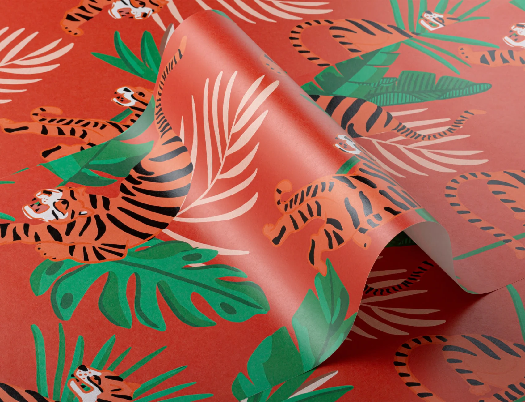 Wild Tiger Big Cat Tropical Leaves Repeat Pattern Tapet
