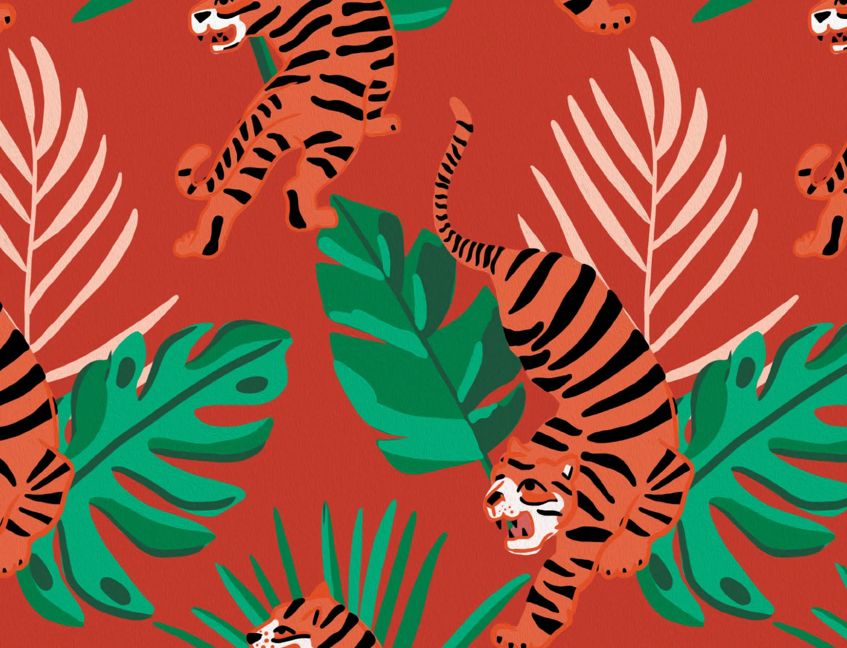 Wild Tiger Big Cat Tropical Leaves Repeat Pattern Tapet