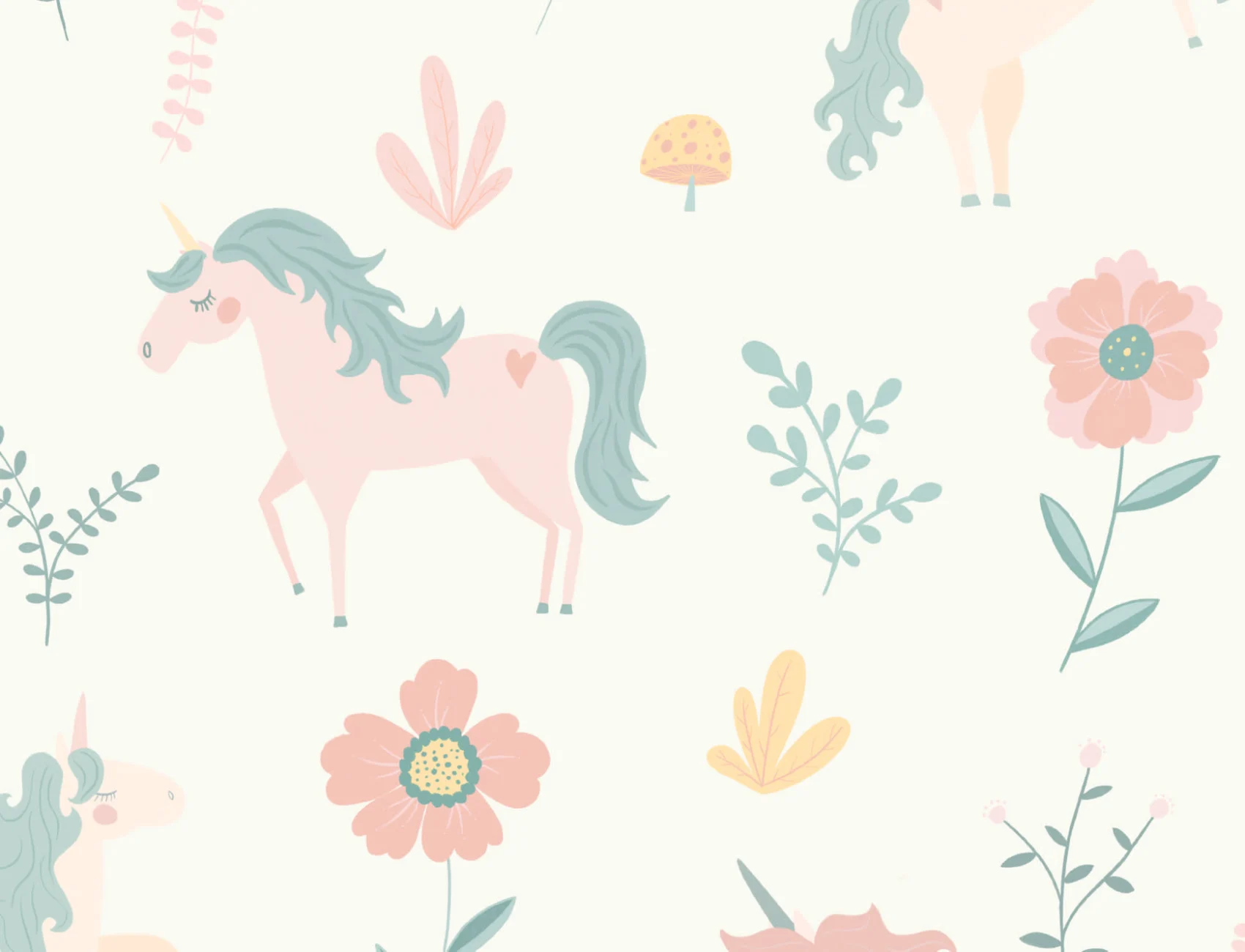 Papel de parede com padrão repetido de Unicórnios e Flores em Pastel