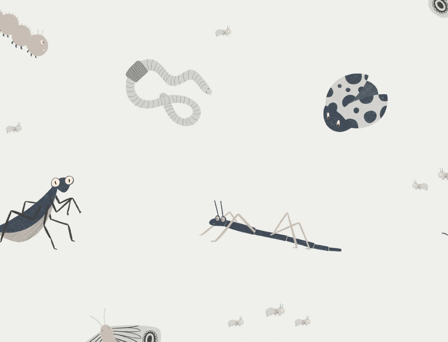 Kids Monochrome Bugs and Insects Repeat Pattern Wallpaper