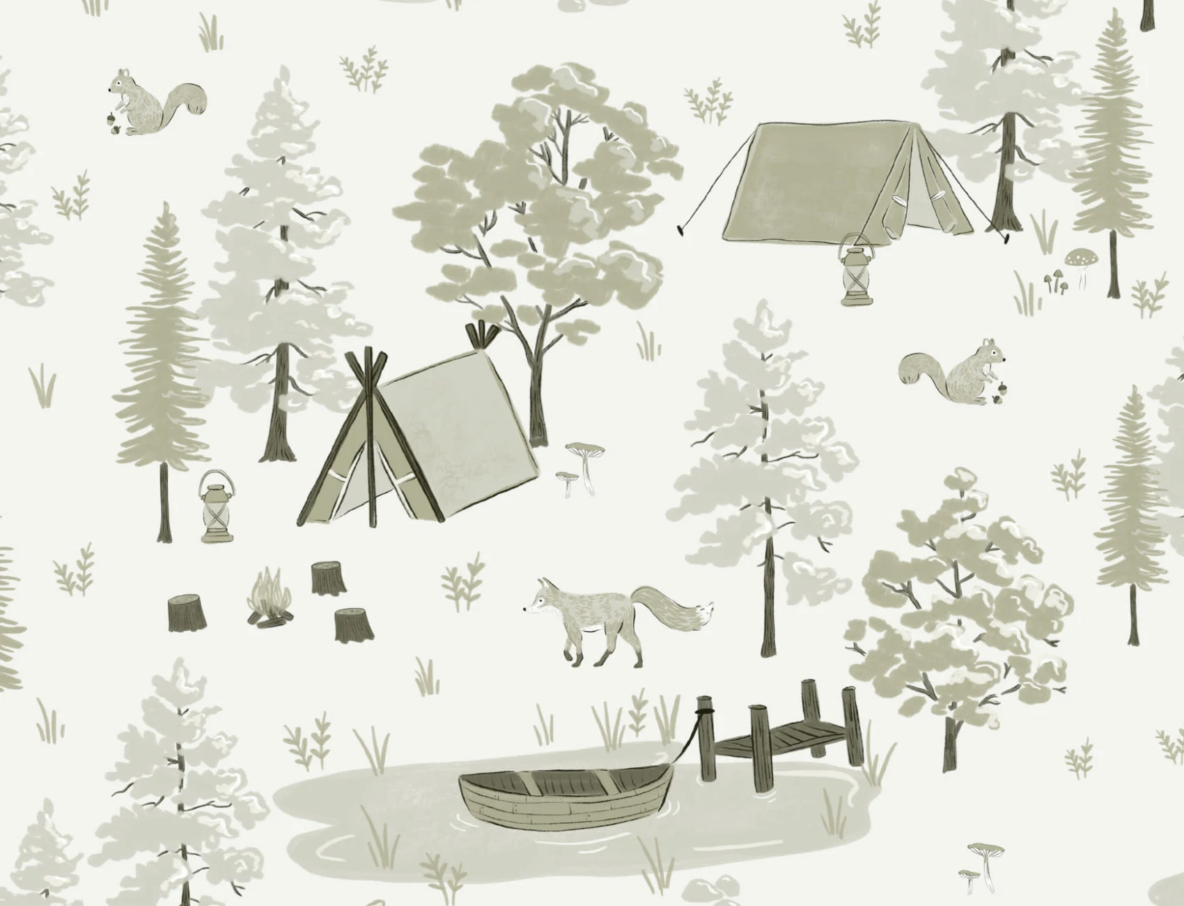 Green Woodland Camping Repeat Pattern Wallpaper
