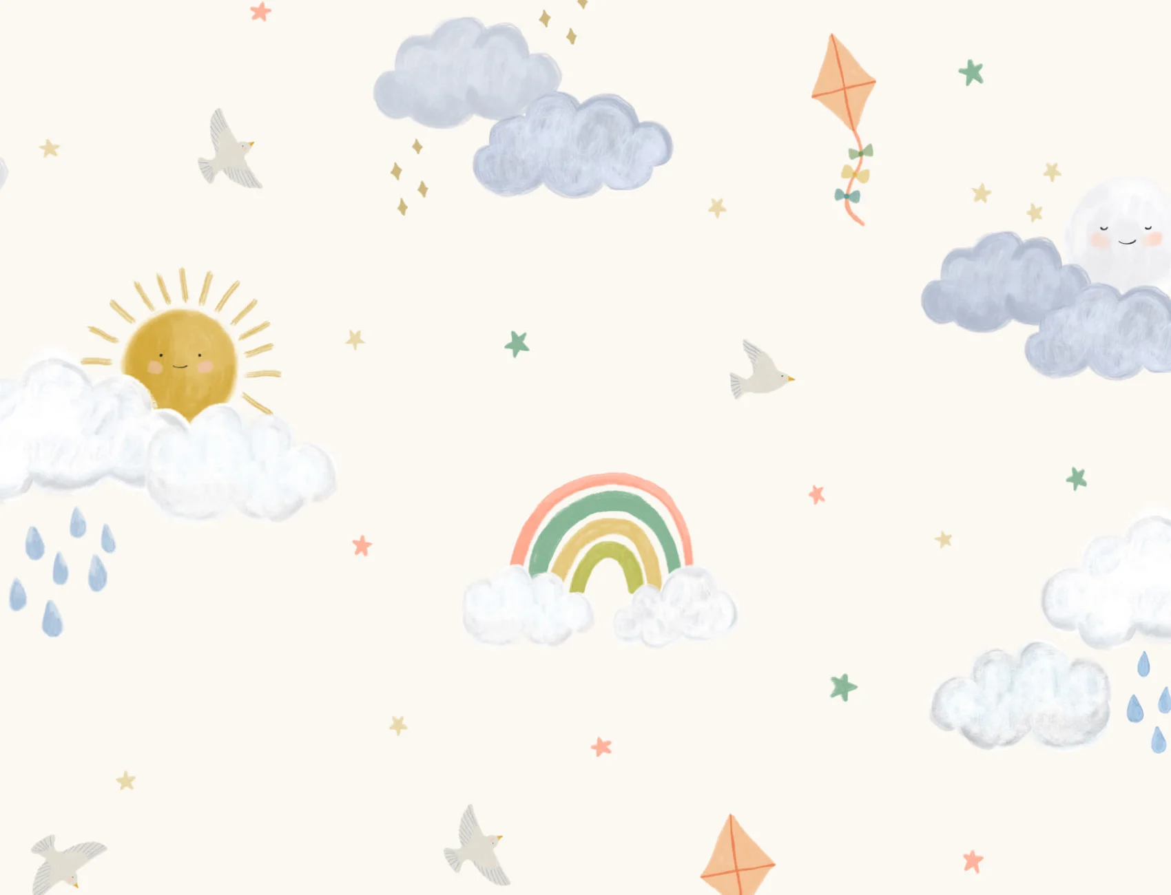 Hand Drawn Sun, Clouds & Rainbow Print Wallpaper