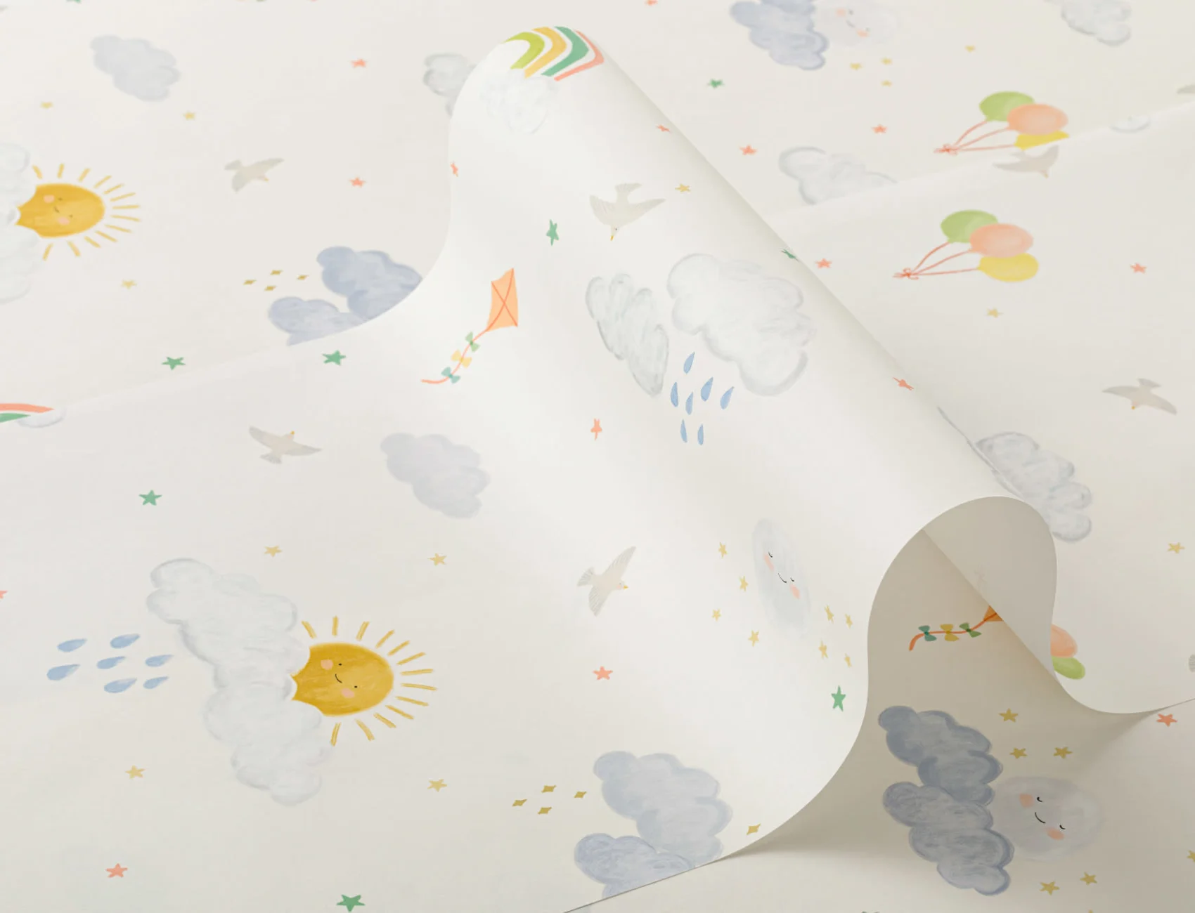 Hand Drawn Sun, Clouds & Rainbow Print Wallpaper