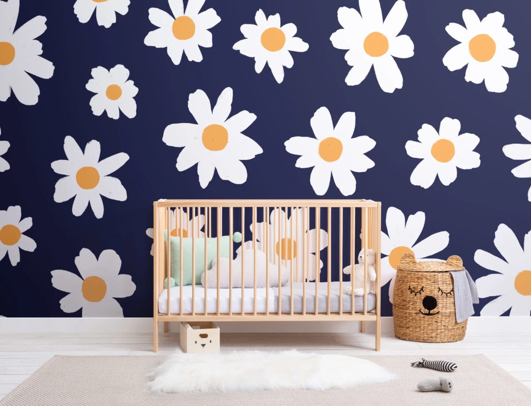Albastru și alb Retro Daisy Floral Wallpaper Mural