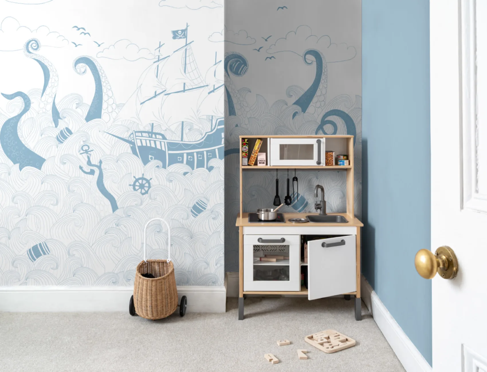 Blue & White Pirate Ship Wallpaper Mural
