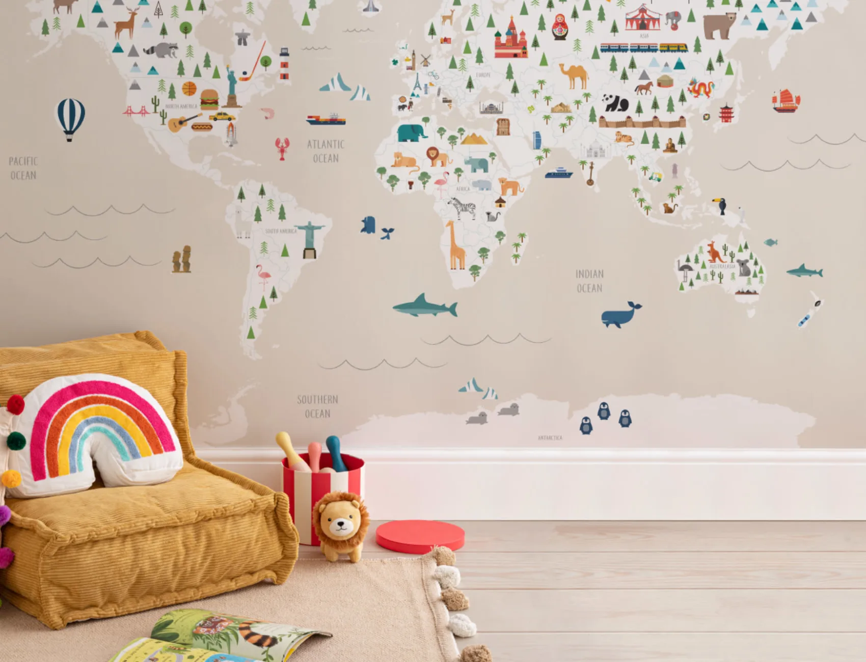 Charming Cream Kids Map Wallpaper Mural