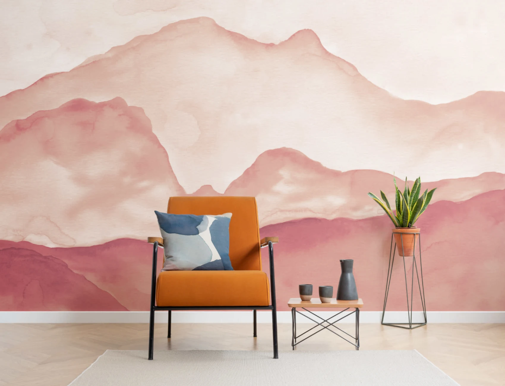 Oranje Peaceful Mountainscape Behang Muurschildering
