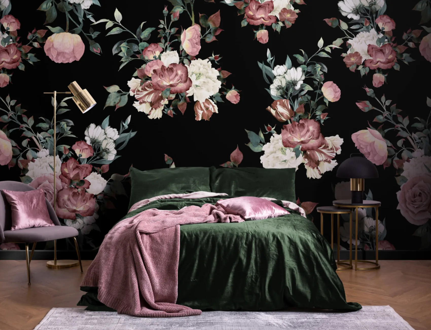 Vintage Pink, Cream & Black Floral Wallpaper Mural