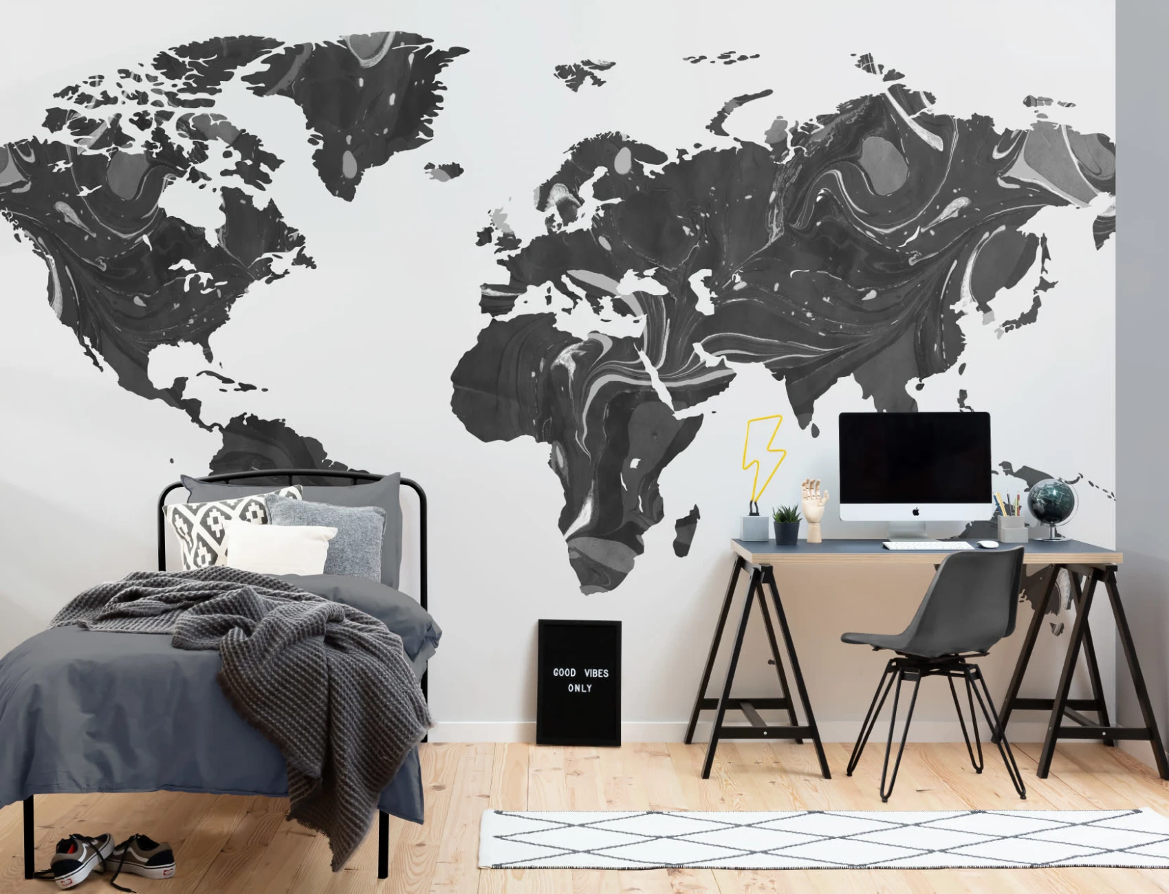 Black & Grey Marble Map Wallpaper Mural