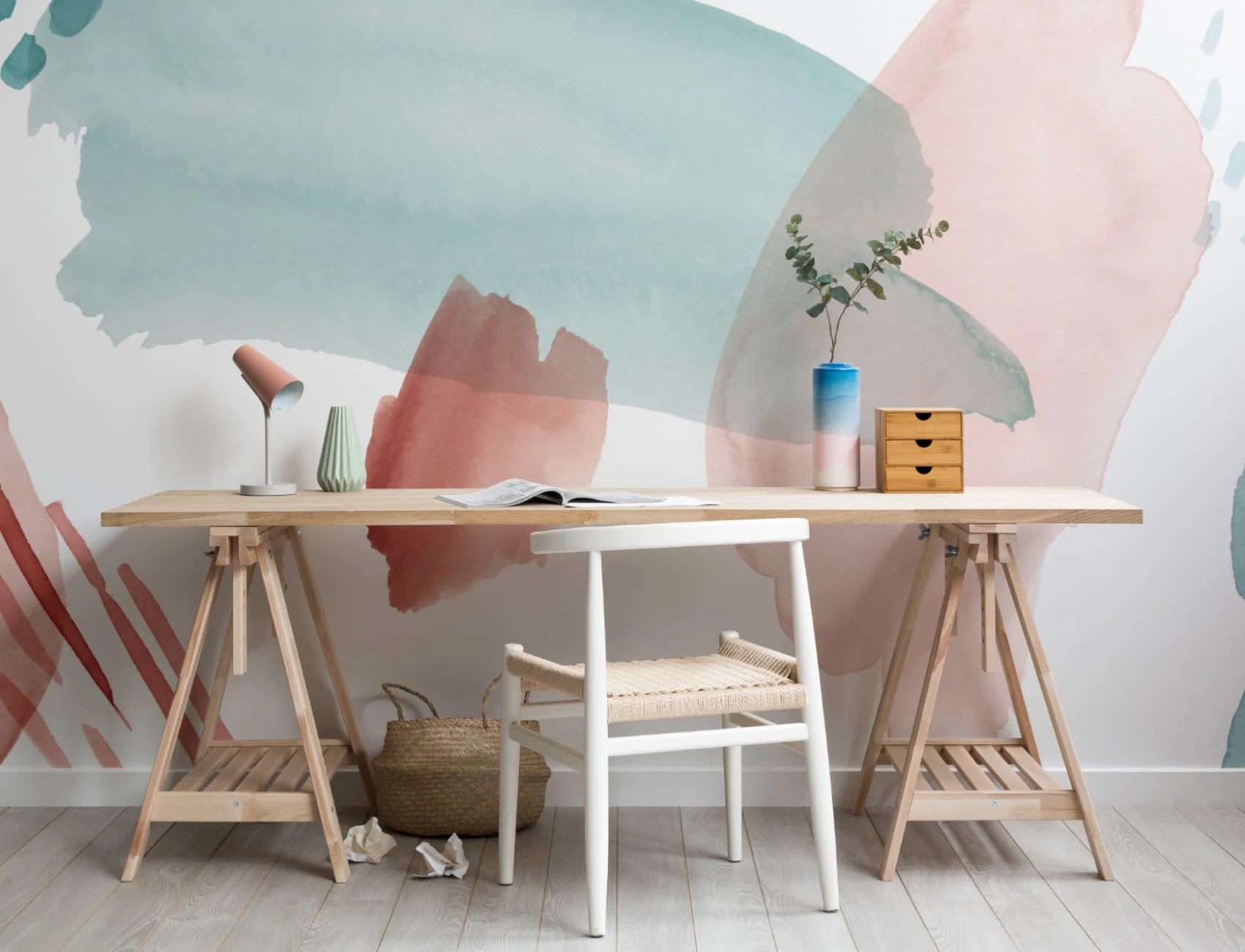 Blue & Pink Abstract Watercolour Paint Wallpaper Mural