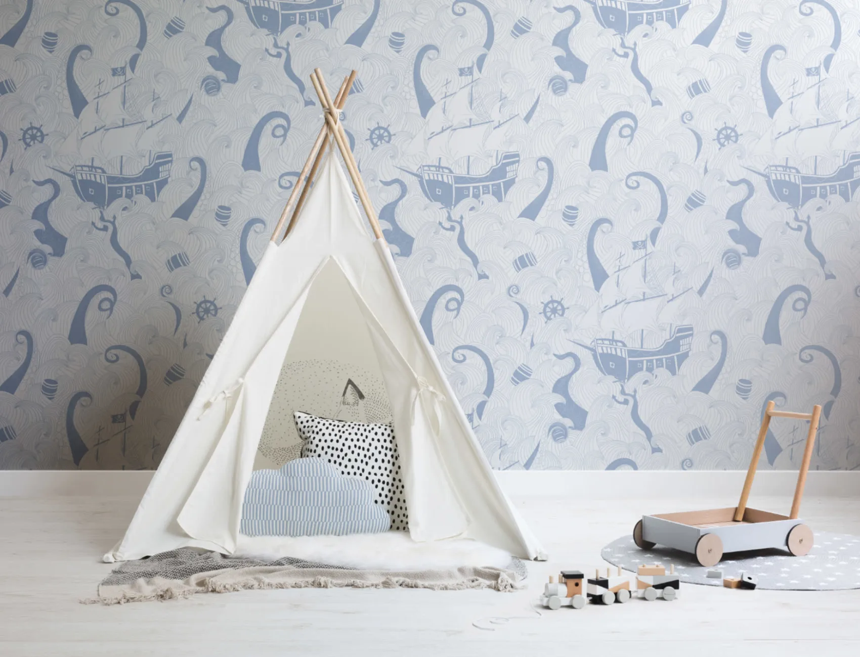 Blauw & Wit Piratenschip Patroon Behang Muurschildering