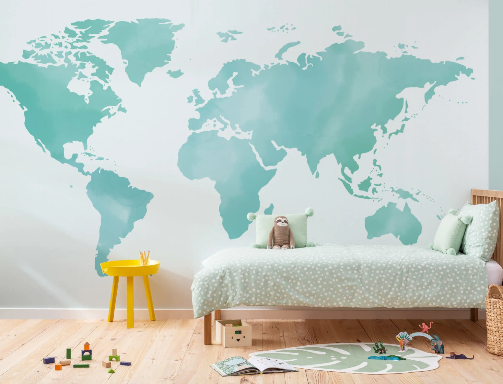 Turquoise Abstract Watercolor World Map Wallpaper Mural