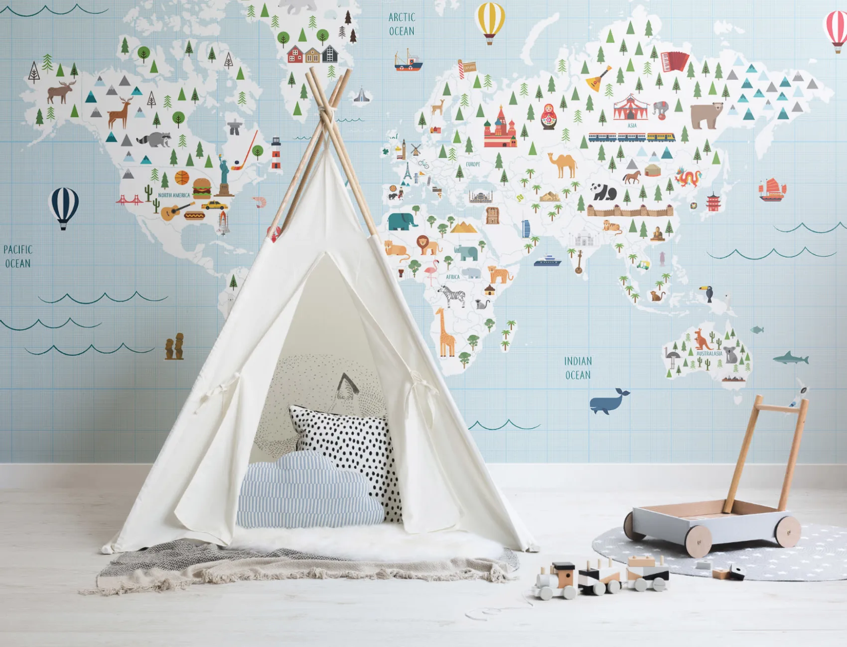 Cartoon Blue Grid Paper World Map Wallpaper Mural