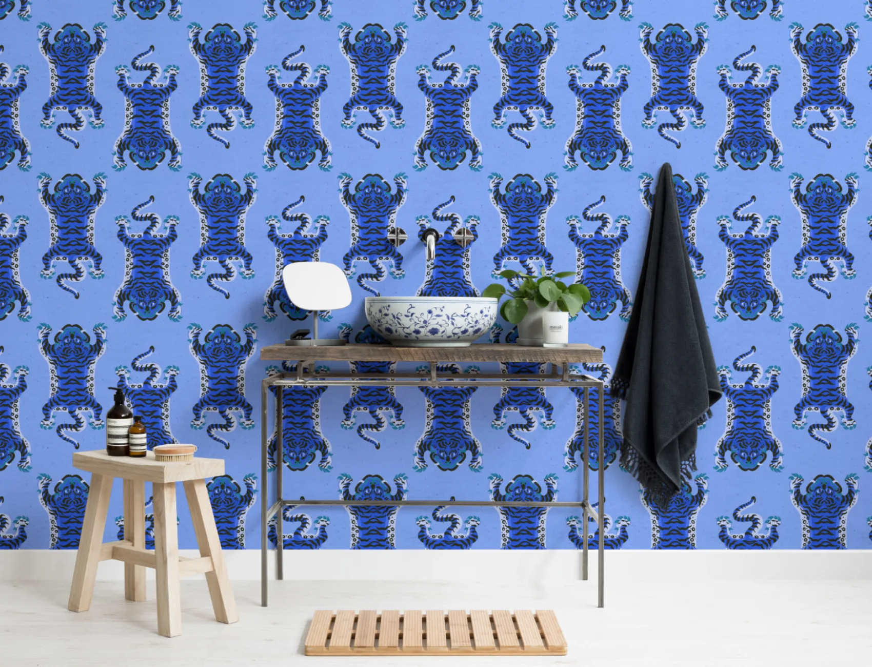 Blue Tibetan Tiger Repeat Pattern Wallpaper