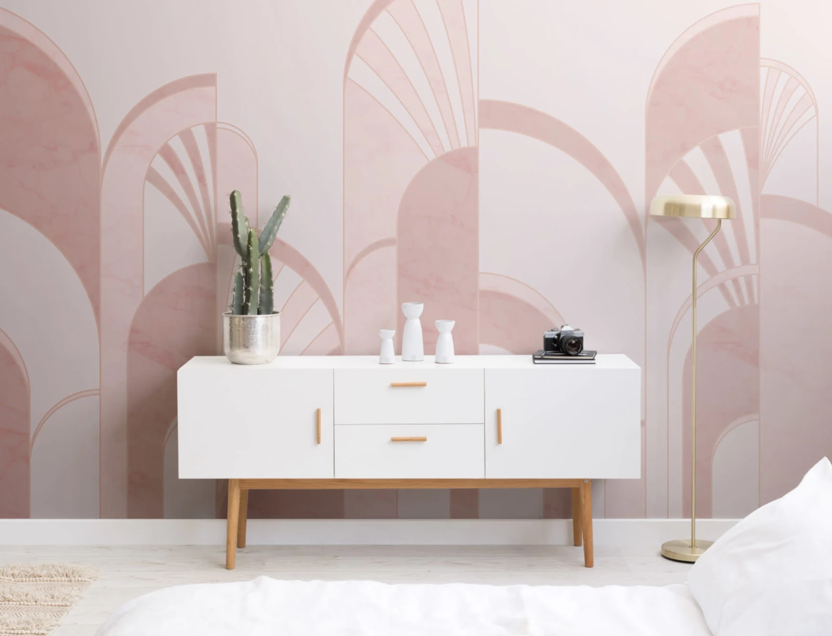 Papier Peint Panoramique à Motifs Art Déco avec Arcs Roses