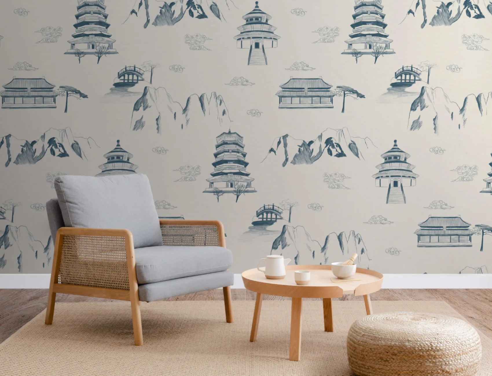 Ancient Chinese Blue Illustrations Pattern Wallpaper Mural