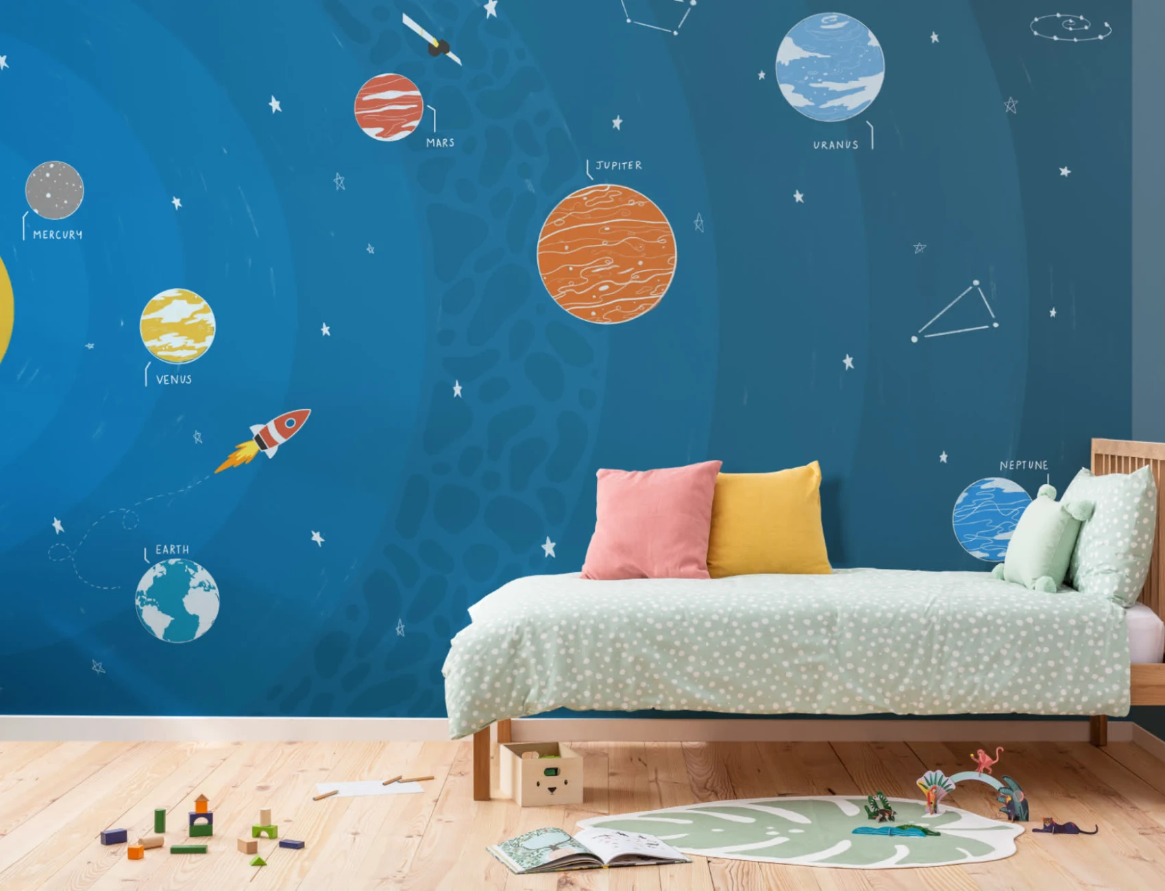Albastru educaționale planete spațiale & Rocket Wallpaper Mural