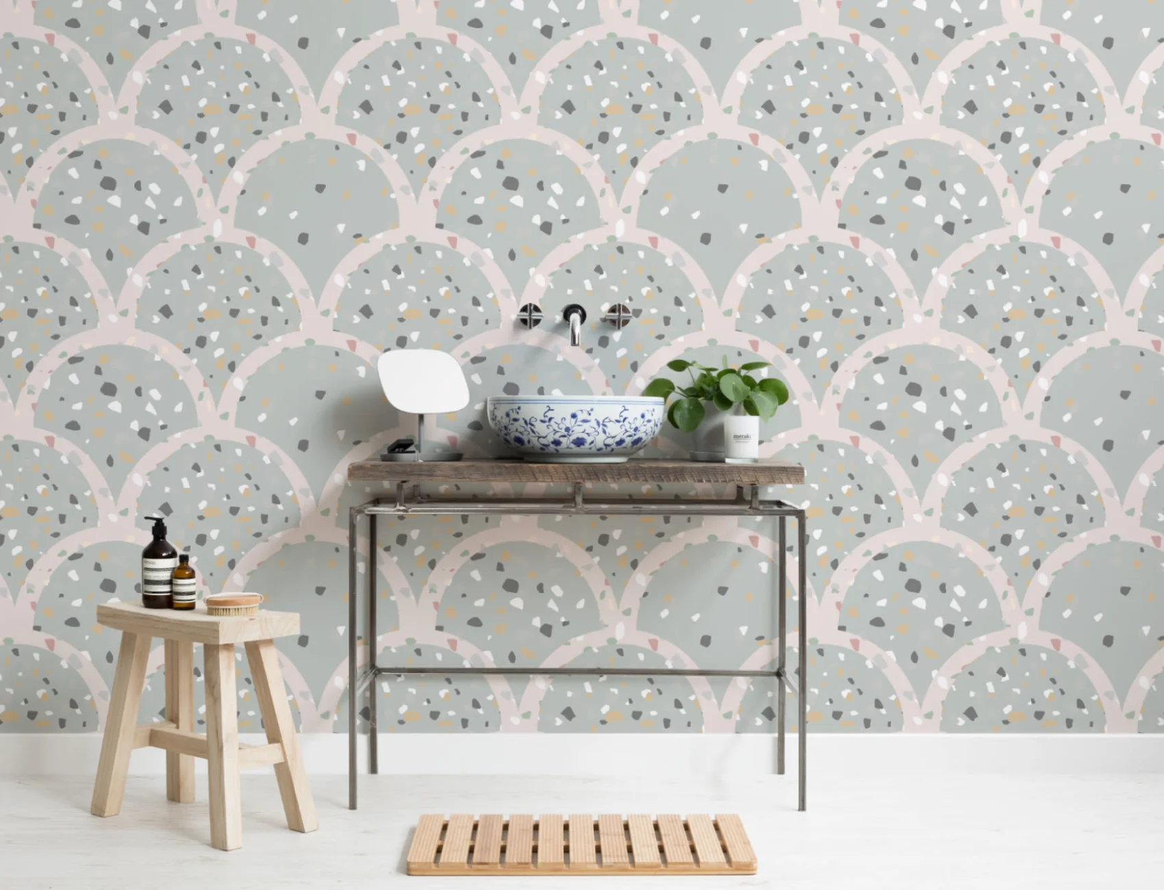 Sage Green Terrazzo Scallop Pattern Wallpaper Mural