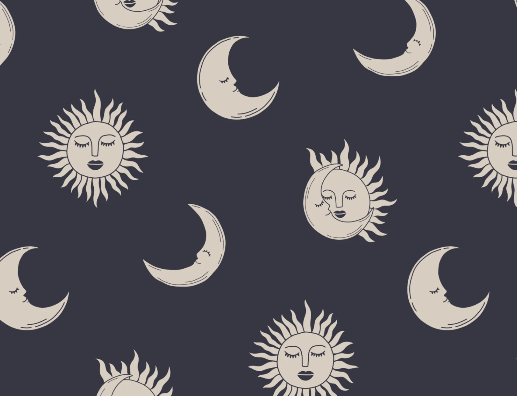 Sun and Moon Navy Blue Boho Repeat Pattern Wallpaper